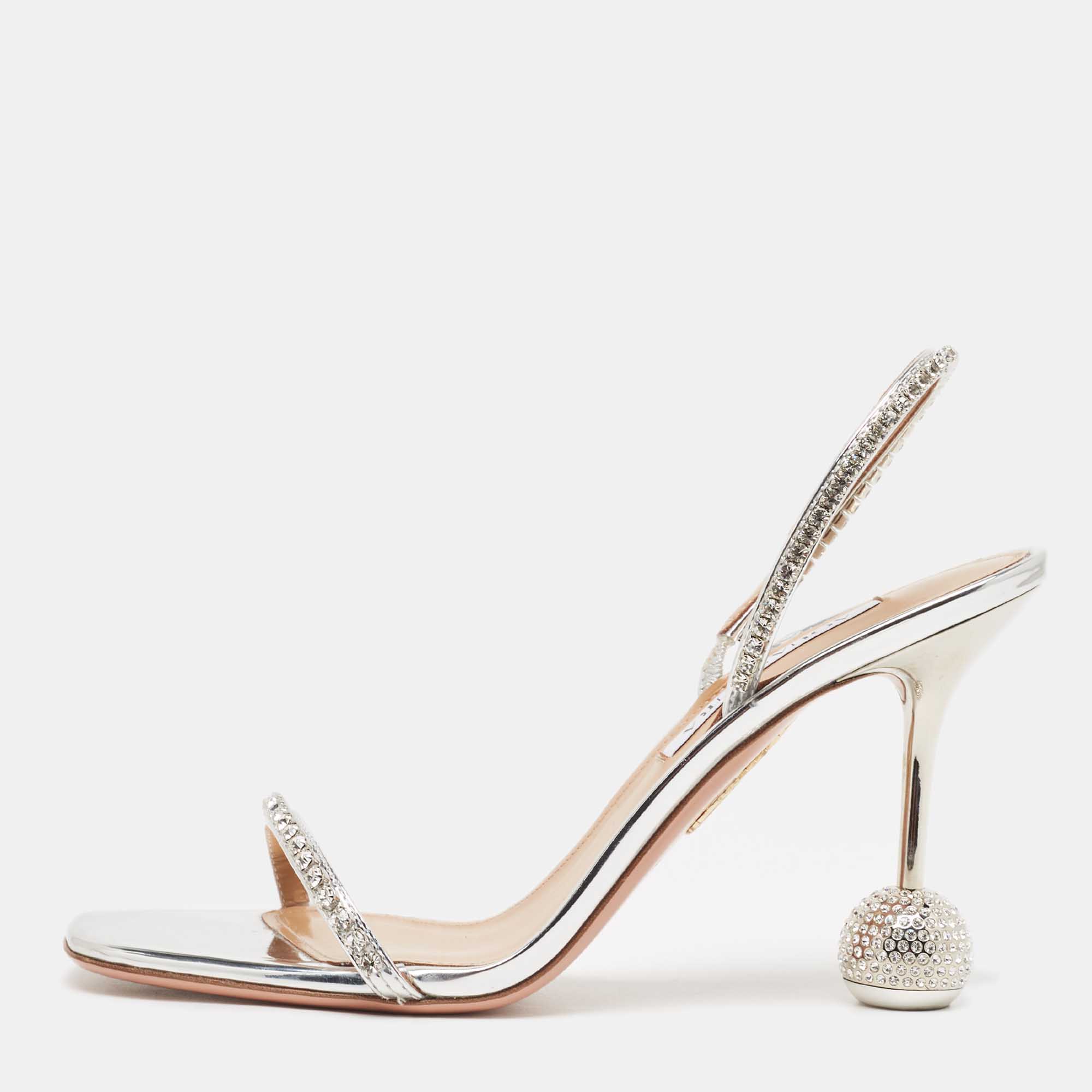 Pre Owned Aquazzura Metallic Silver Leather Yes Darling Slingback Sandals Size 38
