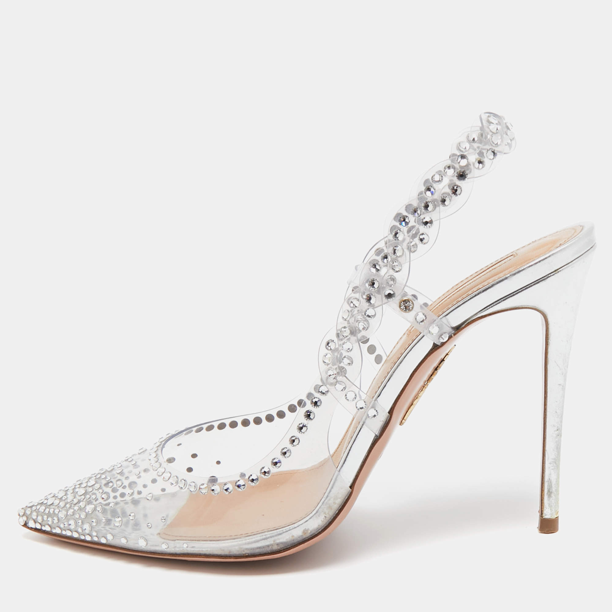 Pre Owned Aquazzura Transparent PVC and Crystal Embellished Heaven 105 Pump Size 37