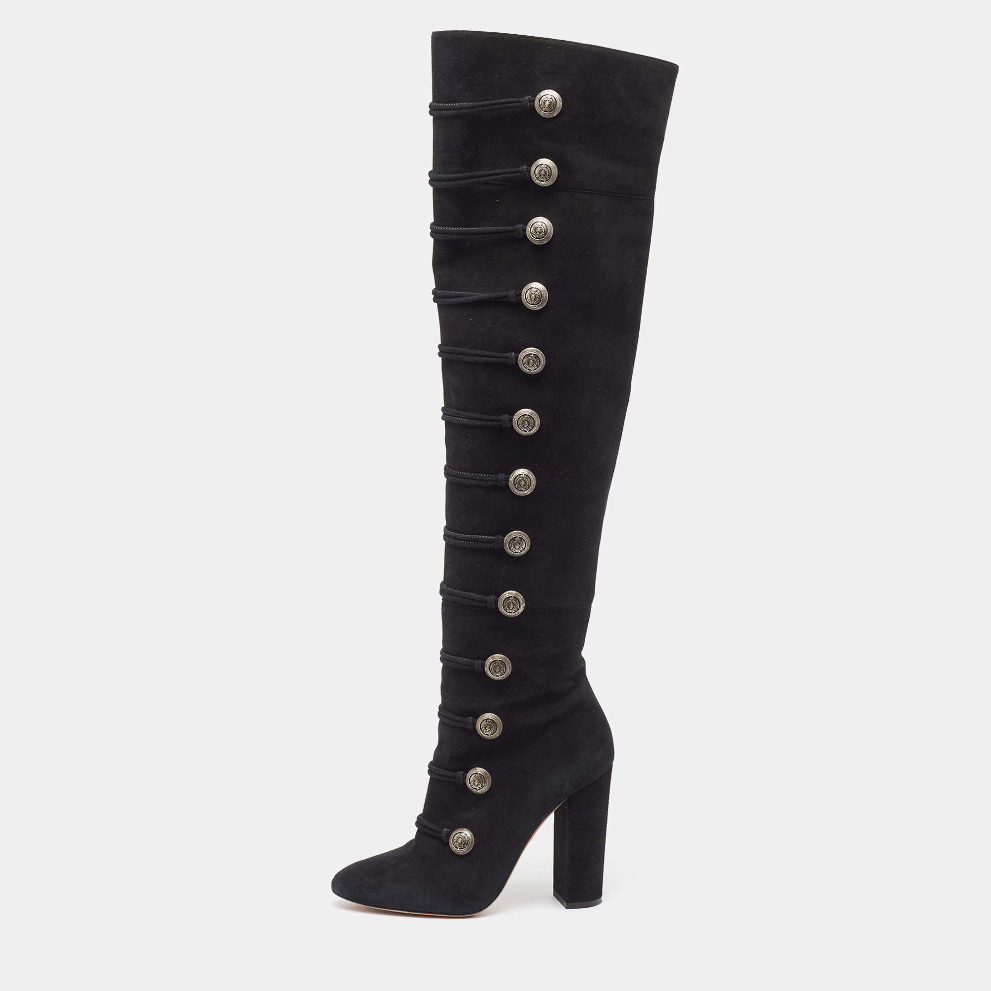 Pre Owned Aquazzura Black Suede Buttons Embellished Over The Knee Boots Size 39