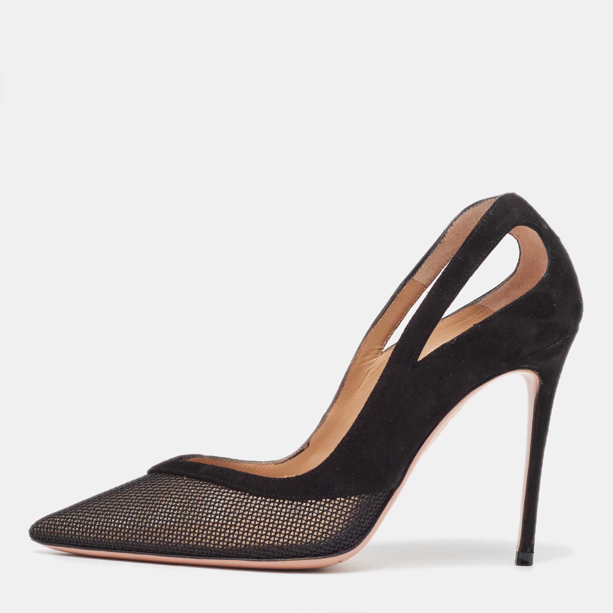 Pre Owned Aquazzura Black Suede and Mesh Shiva 105 Pumps Size 36