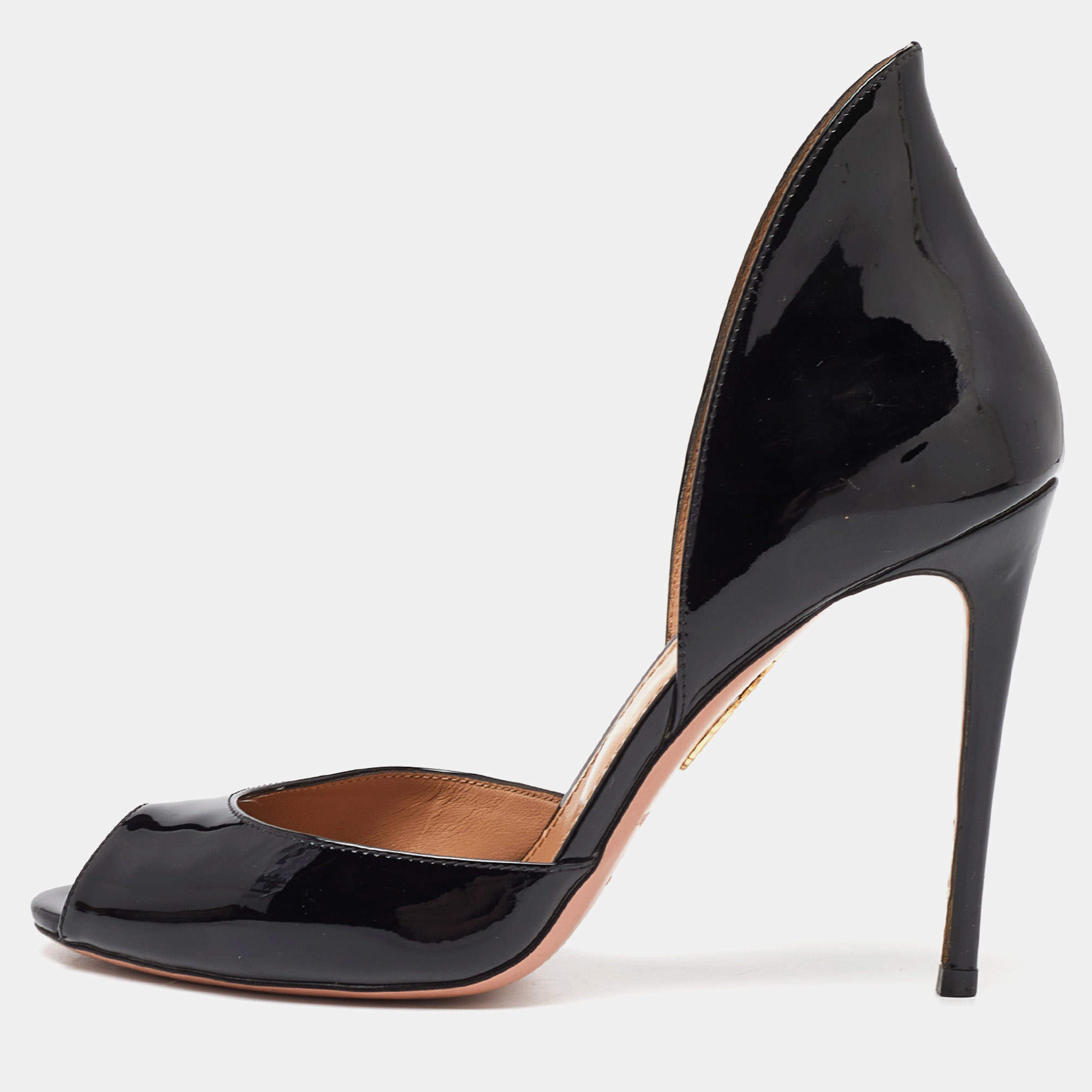 Pre Owned Aquazzura Black Patent Leather Peep Toe Pumps Size 38