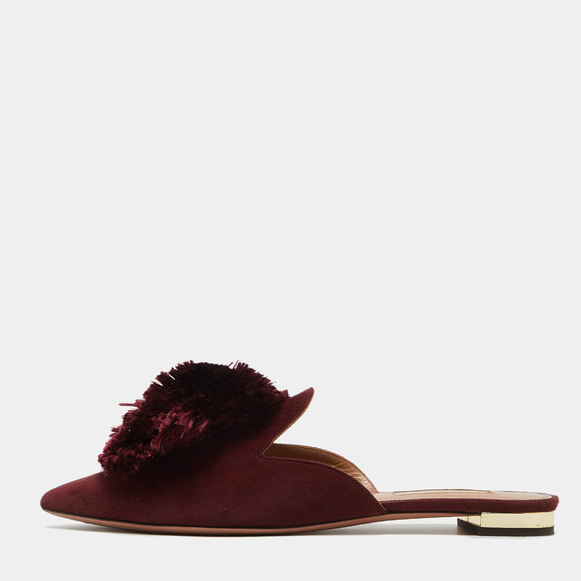 Pre Owned Aquazzura Burgundy Suede Powder Puff Flat Mules Size 36