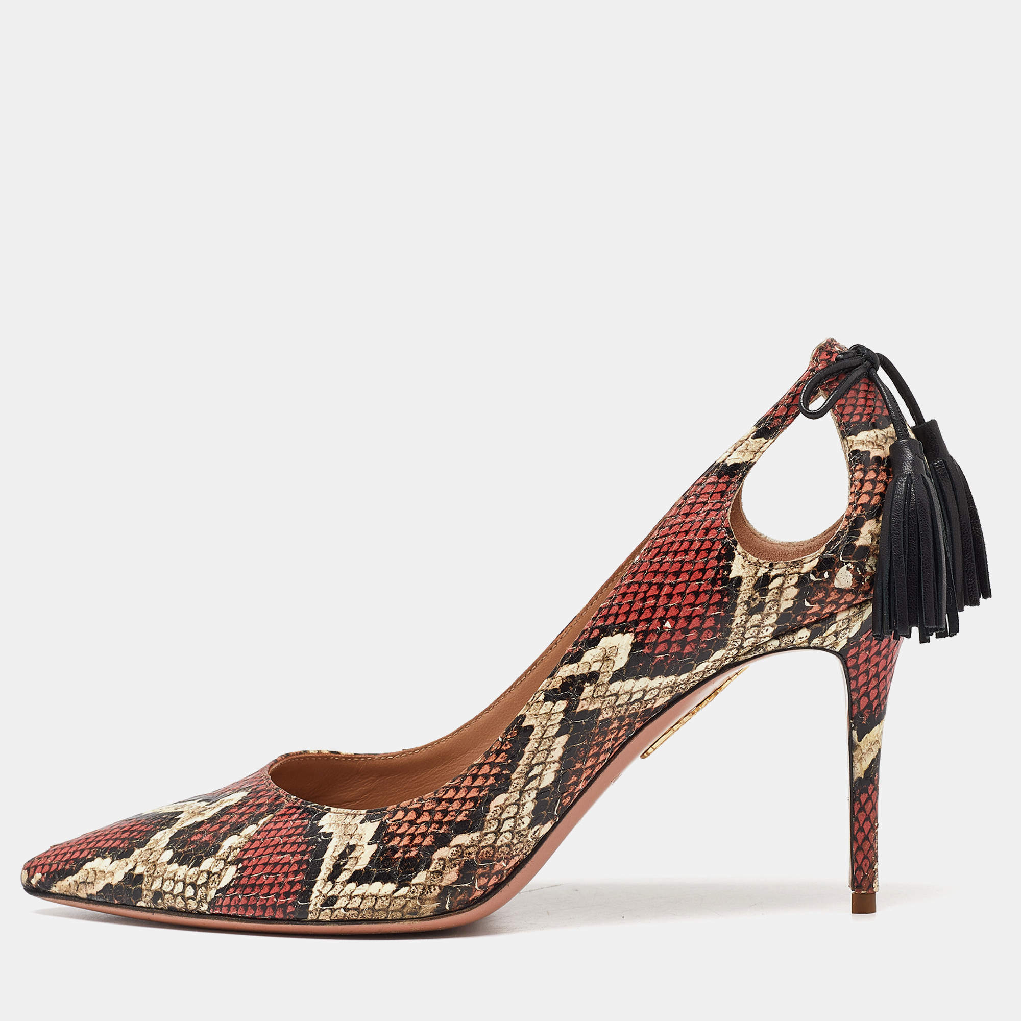 Pre Owned Aquazzura Multicolor Python Leather Forever Marilyn Tassel Detail Pointed Toe Pumps Size 37