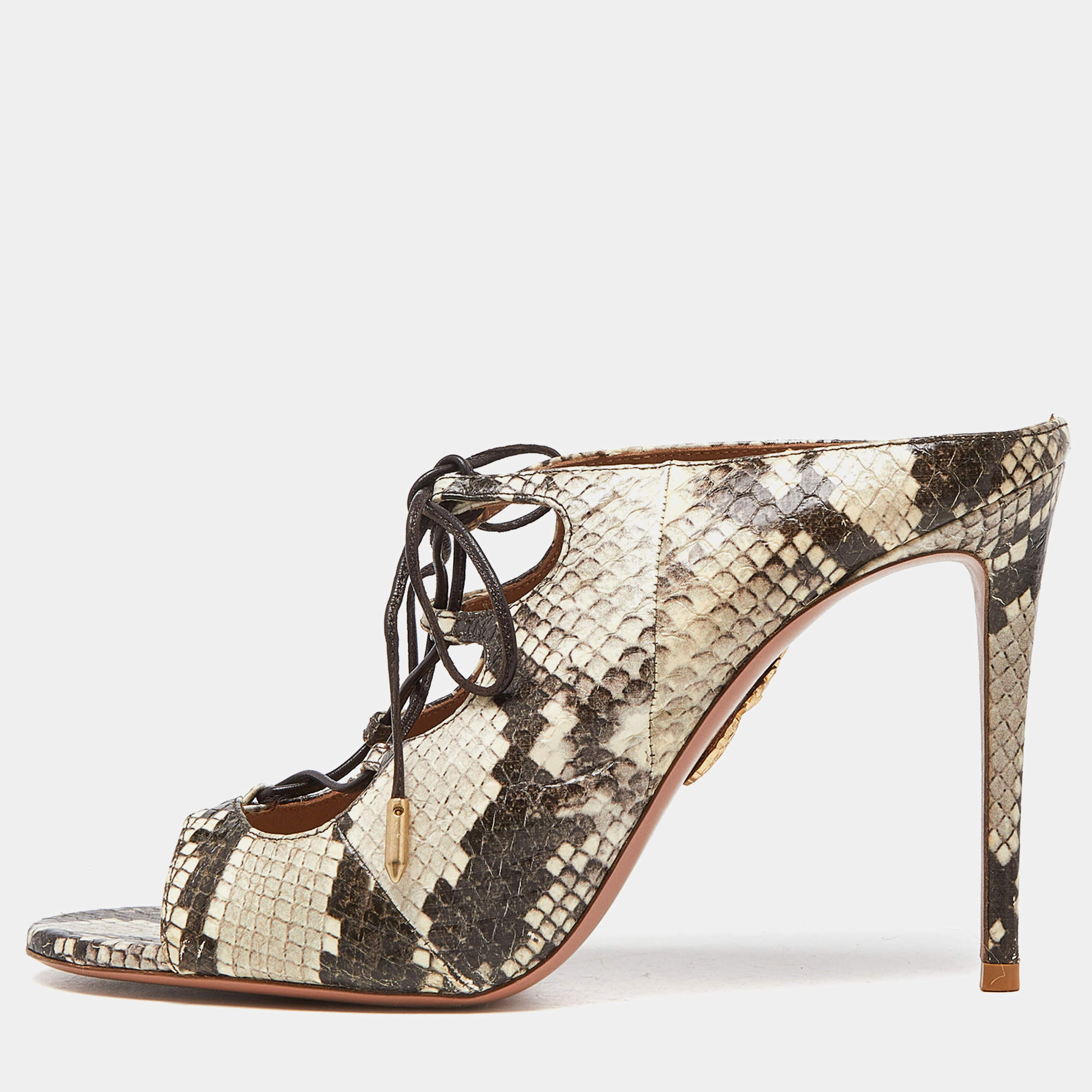 Pre Owned Aquazzura Cream/Brown Python Embossed Leather Tie Up Sandals Size 39