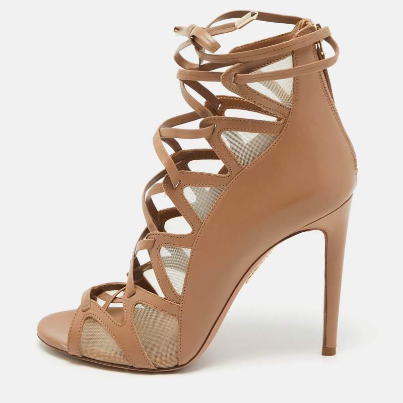 Aquazzura Beige Mesh Cut Out Lace Up  Sandals Size 38