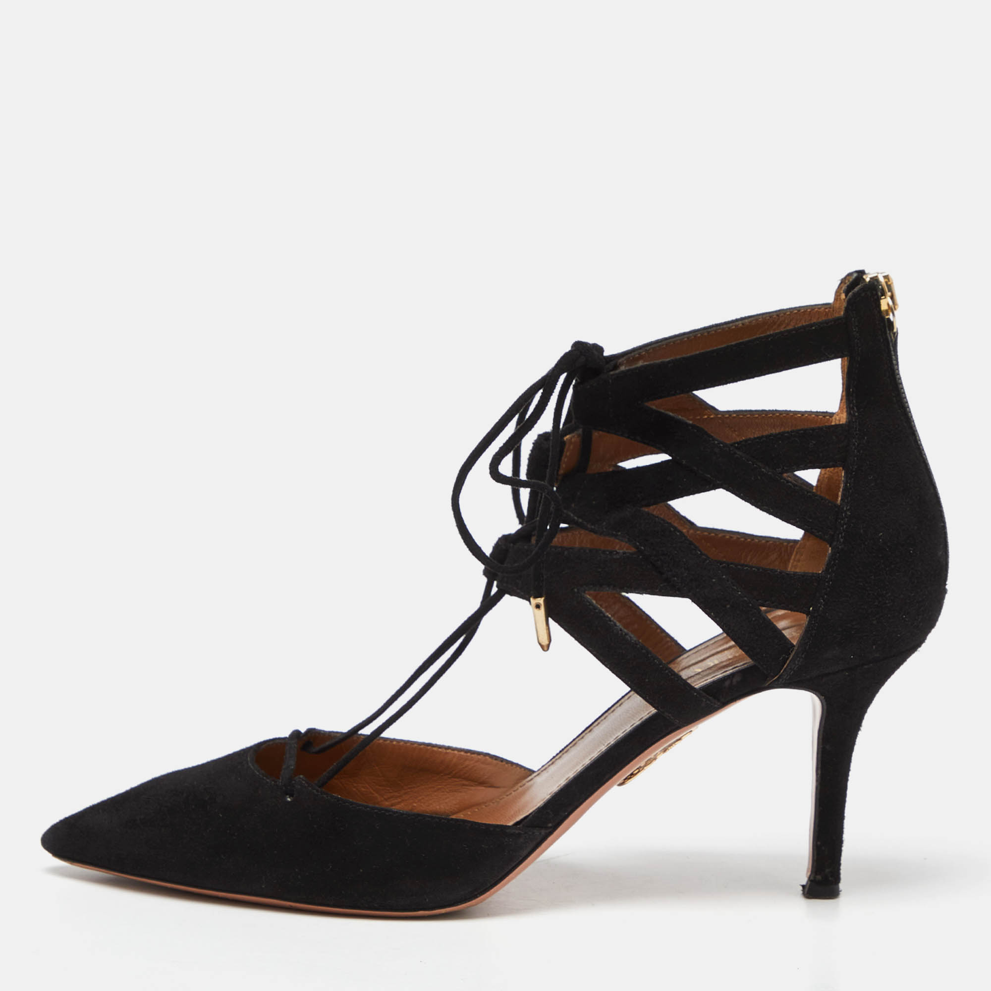 Pre Owned Aquazzura Black Suede Belgravia Lace Up Pointed Toe Pumps Size 40.5