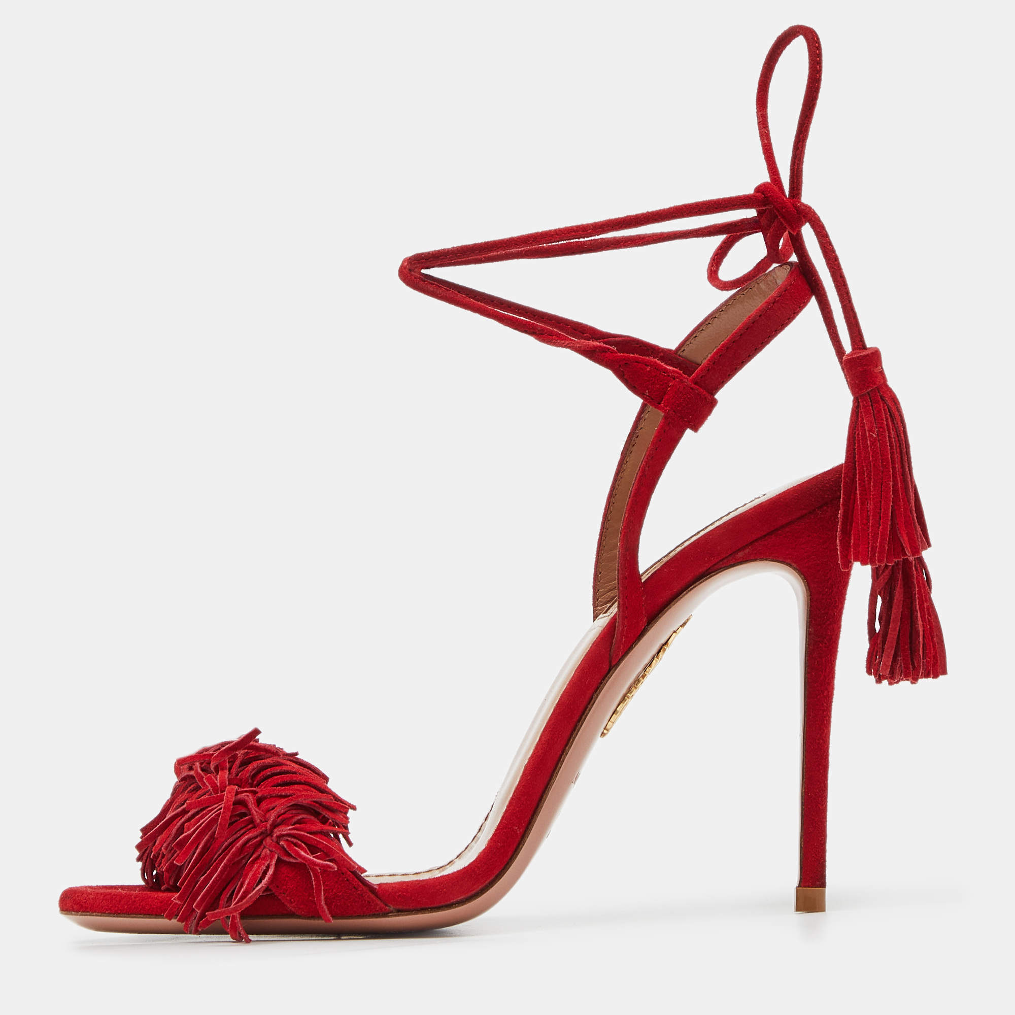 Pre Owned Aquazzura Red Fringed Suede Wild Thing Ankle Wrap Sandals Size 36