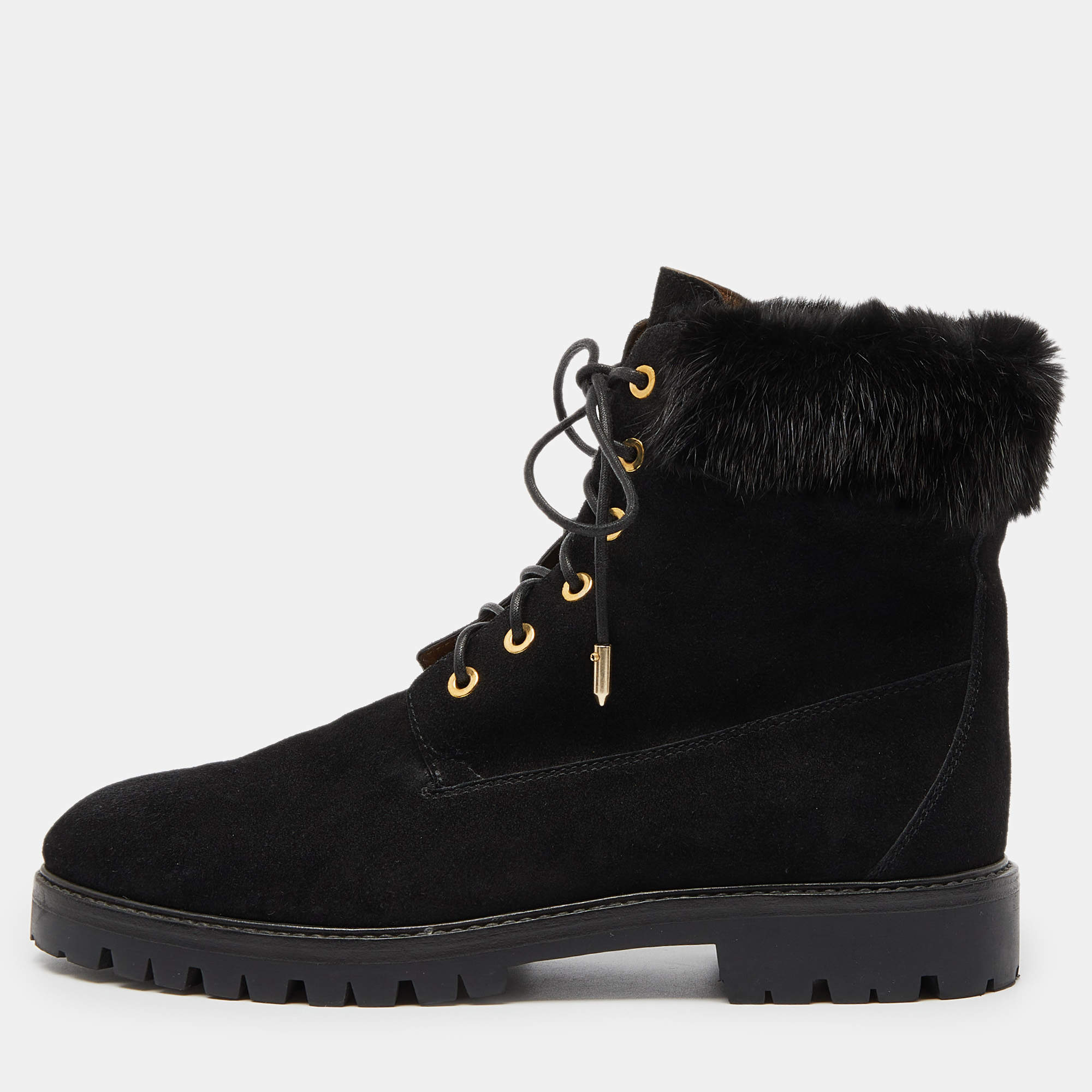 Aquazzura Black Suede and Fur Ankle Boots Size 40