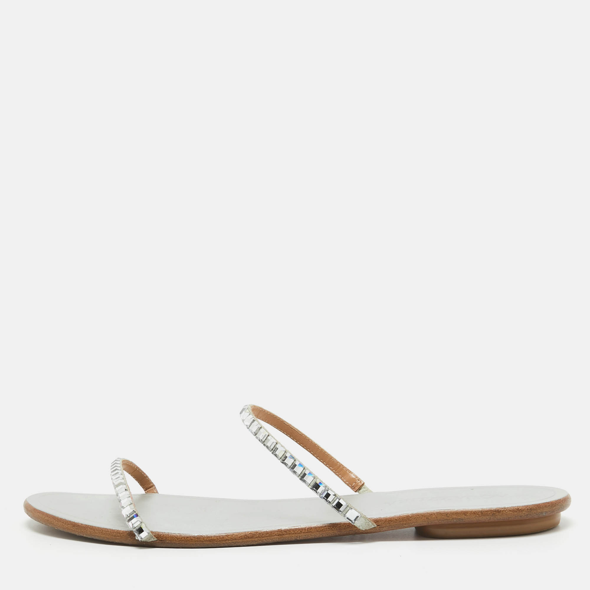 Pre Owned Aquazzura Sliver Crystal Embellished Leather Strappy Flats Size 41