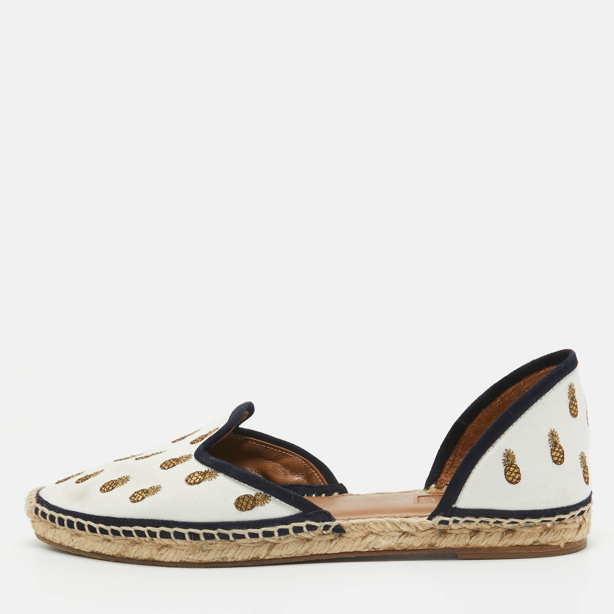 Aquazzura White Canvas Embroidered Pineapple Espadrille Flats Size 41
