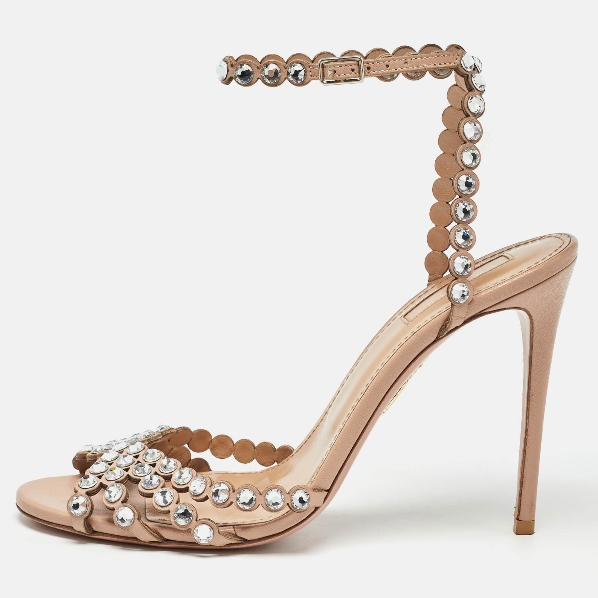 Pre Owned Aquazzura Beige Leather Crystal Embellished Ankle Strap Sandals Size 39