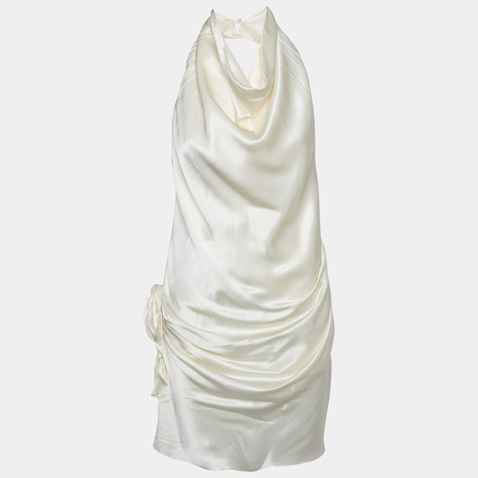 Pre Owned Arcina Ori Cream Satin Halter Neck Dress M