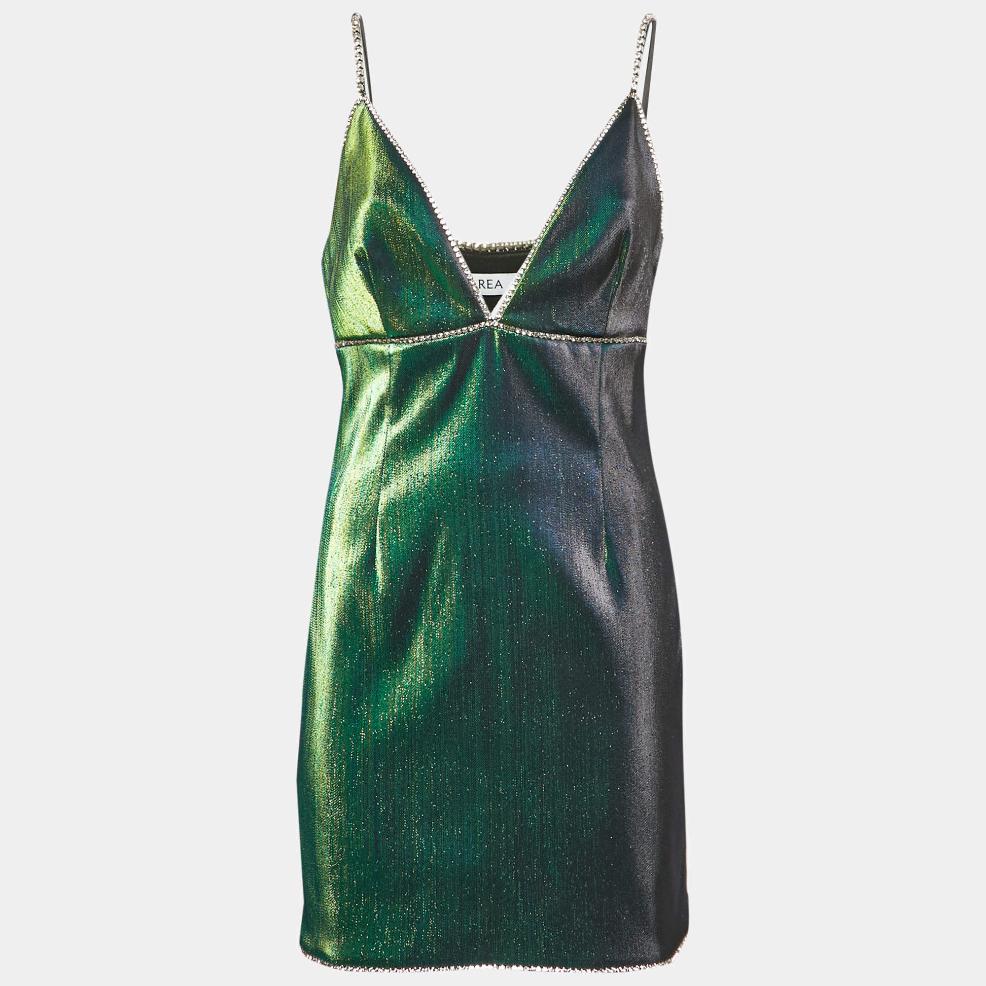 AREA  Metallic Green Lamé Crystal Embellished Strappy Mini Dress L