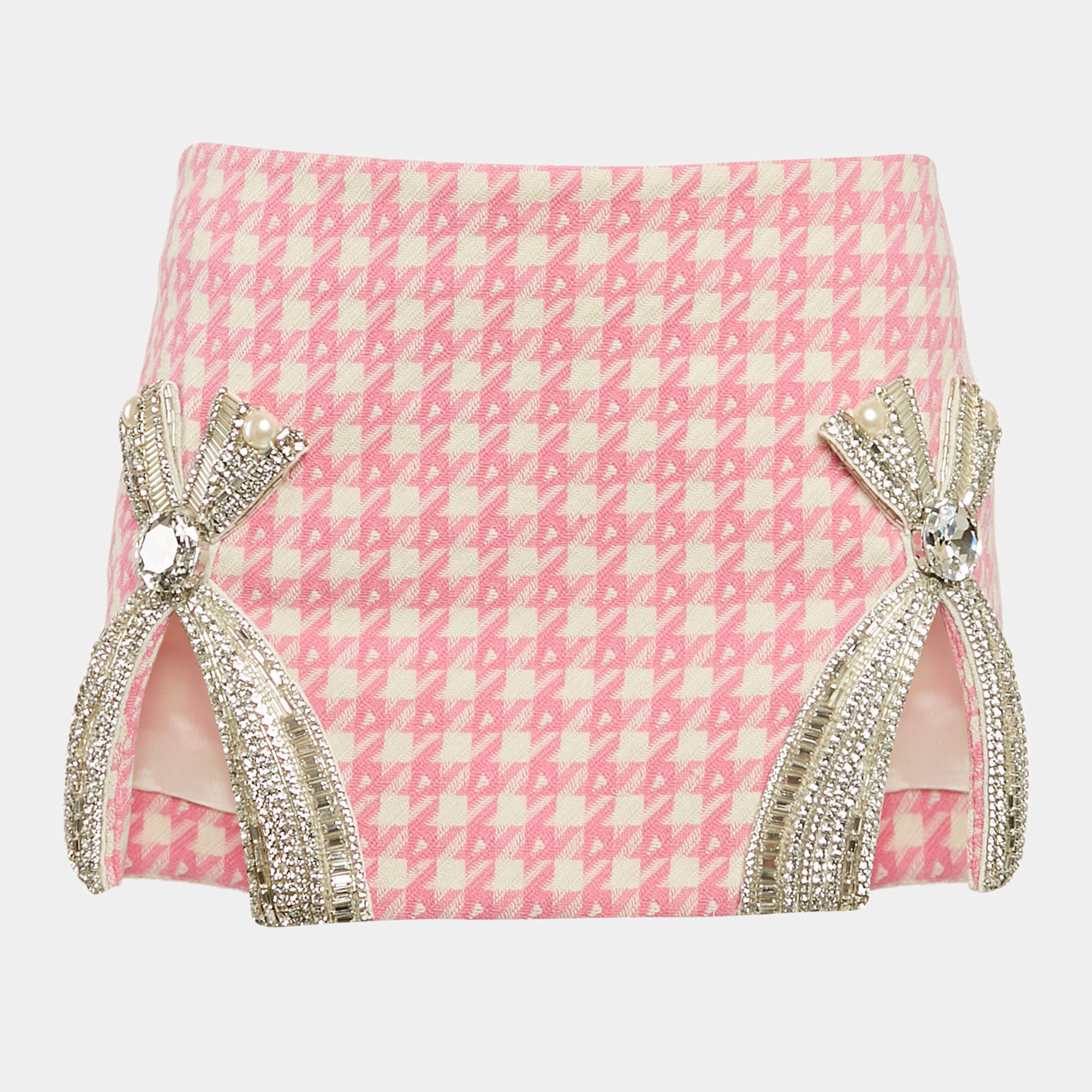Pre Owned AREA Pink Houndstooth Crystal Embellish Bow Detail Mini Skirt S