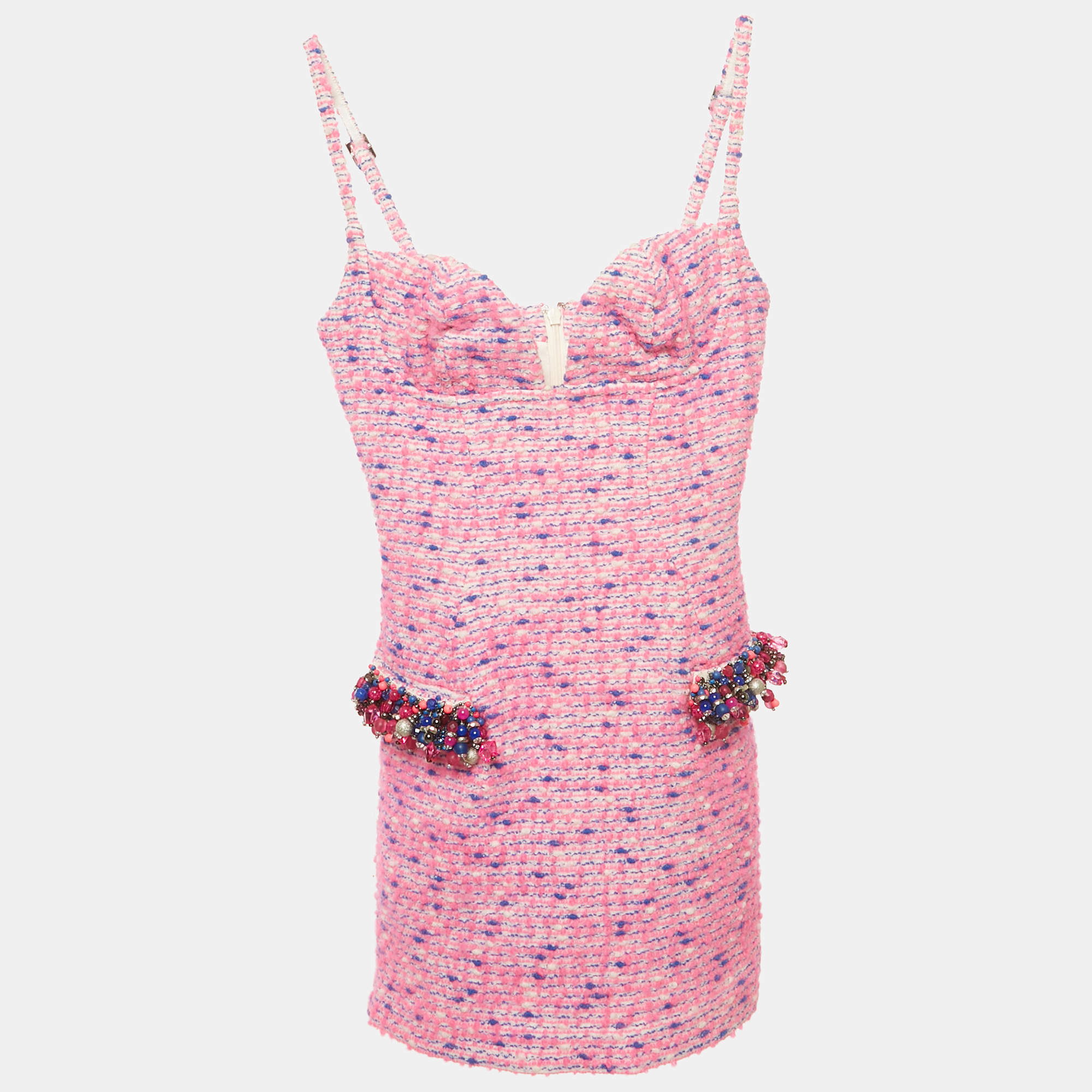 Pre Owned Area Pink/Blue Wool Tweed Embellished Detail Mini Dress XS 