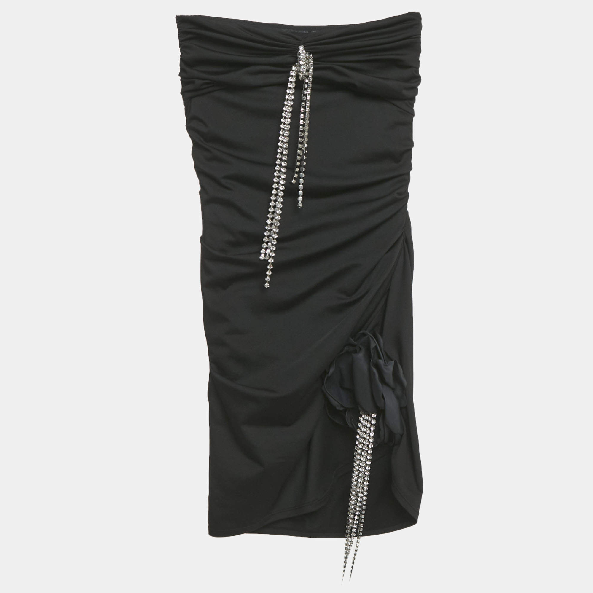 Pre Owned فستان قصير بدون حمالات مزين بالكريستال باللون الأسود من إيريا مقاس صغير جداً جداً (إكس إكس سمول)