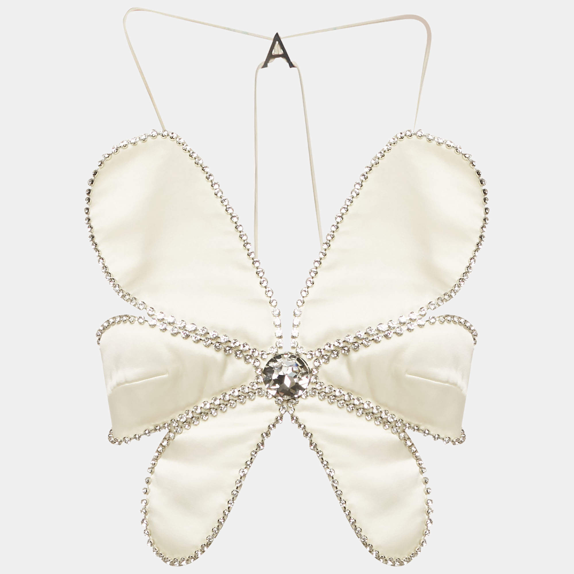 مملوكة مسبقًا Area Cream Silk Blend Crystal Embellished Crop Top XS