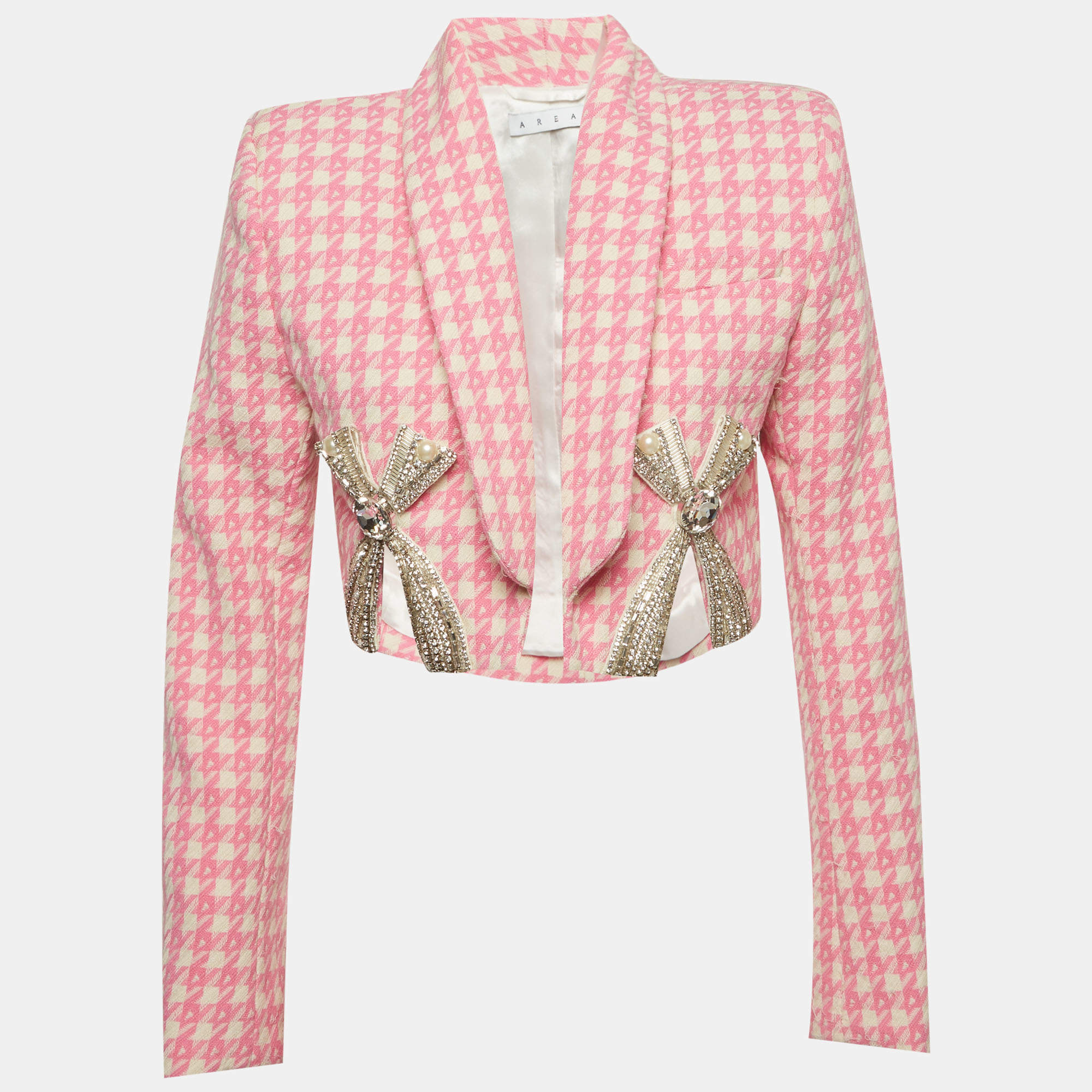 Pre Owned AREA Pink Houndstooth Crystal Embellished Bow Slit Cropped Blazer M