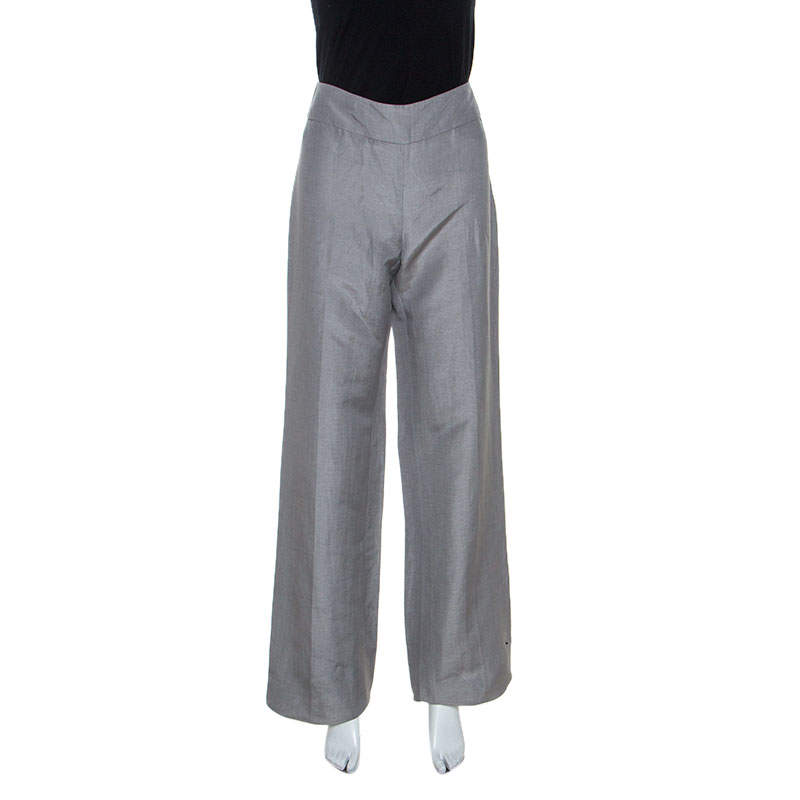 Pre Owned Armani Collezioni Grey Linen Silk Blend Wide Leg Trousers M 