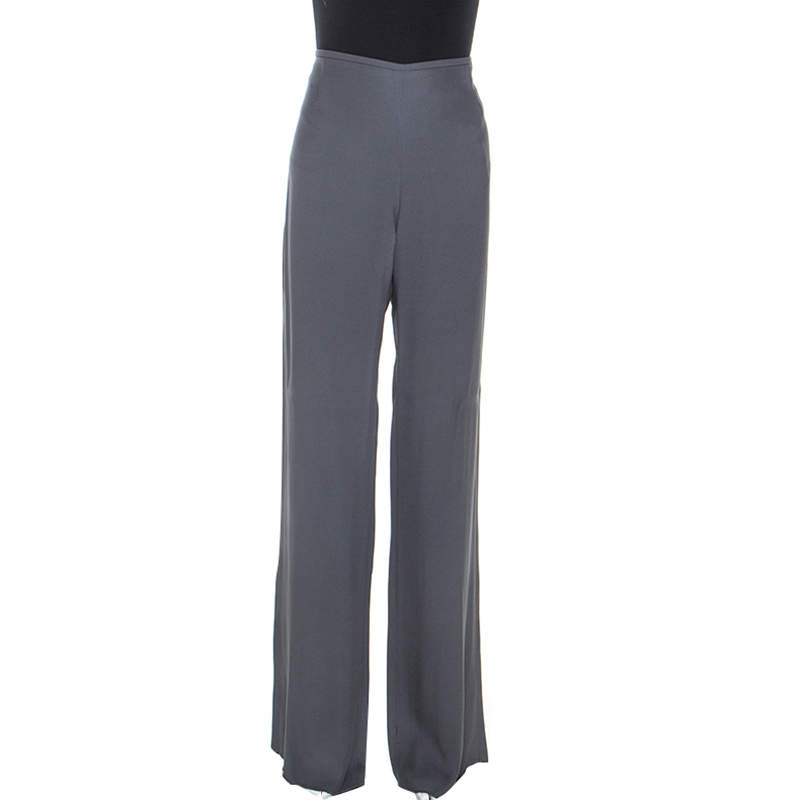 Pre Owned Armani Collezioni Grey Crepe Wide Leg Trousers M