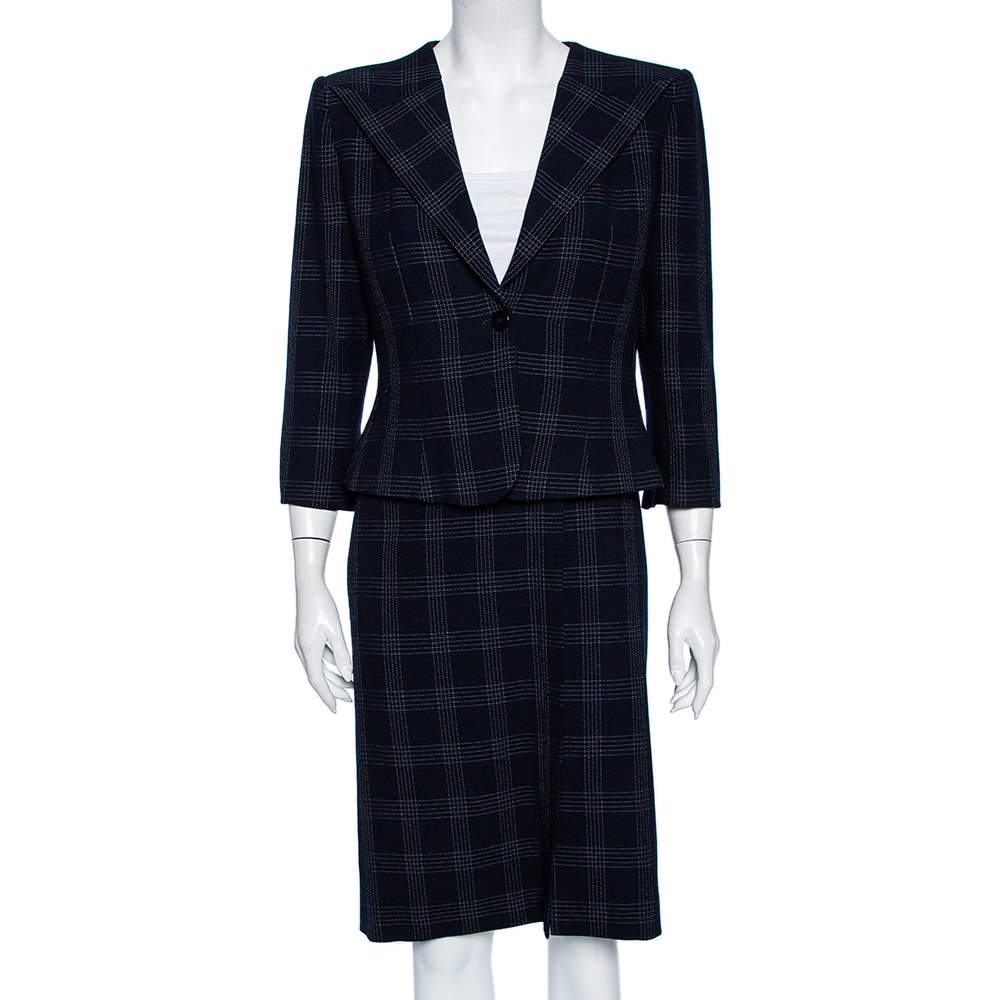 Armani Collezioni Navy Blue Striped Wool Skirt Suit M