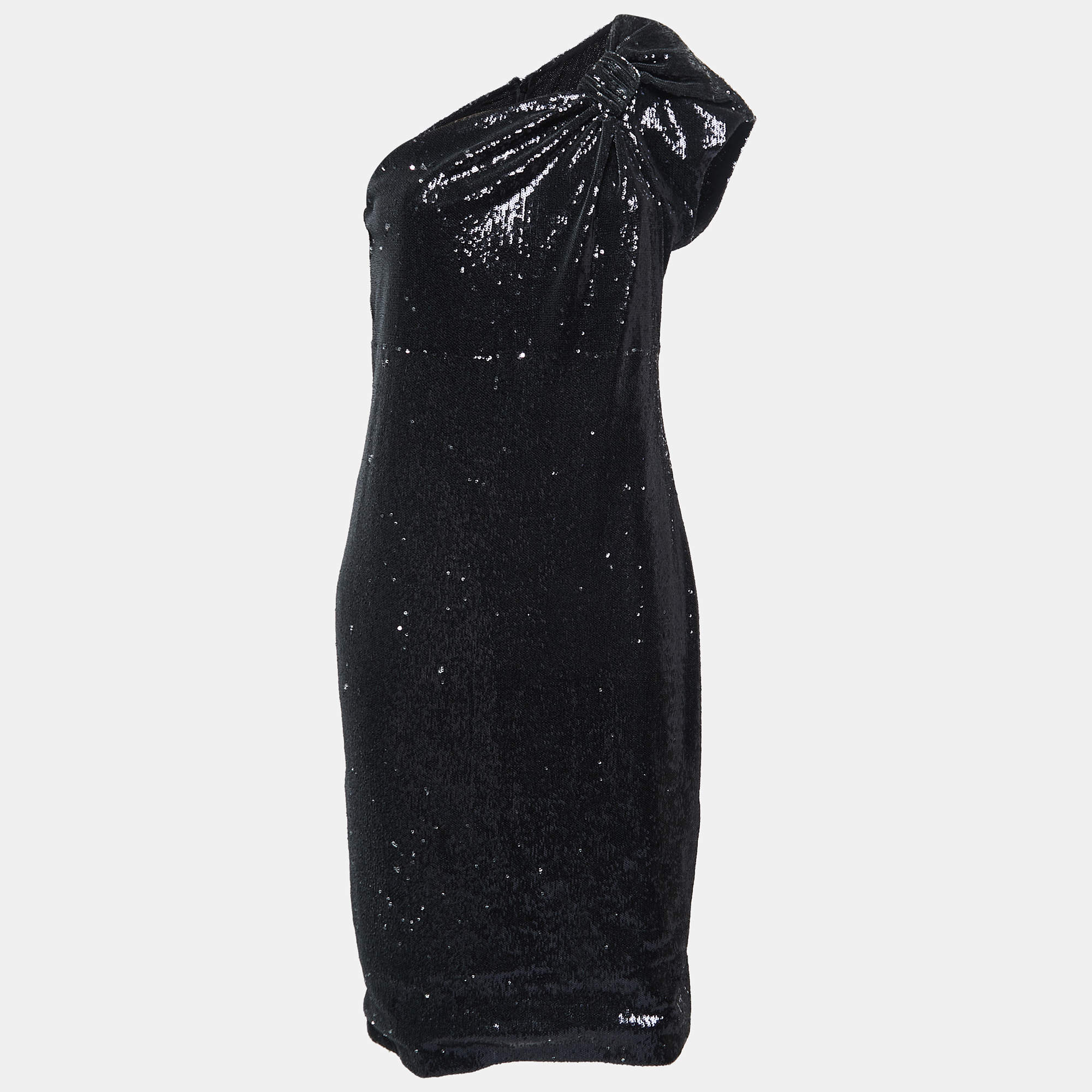 Pre Owned Armani Collezioni Black Sequined Bow Detail One-Shoulder Dress M