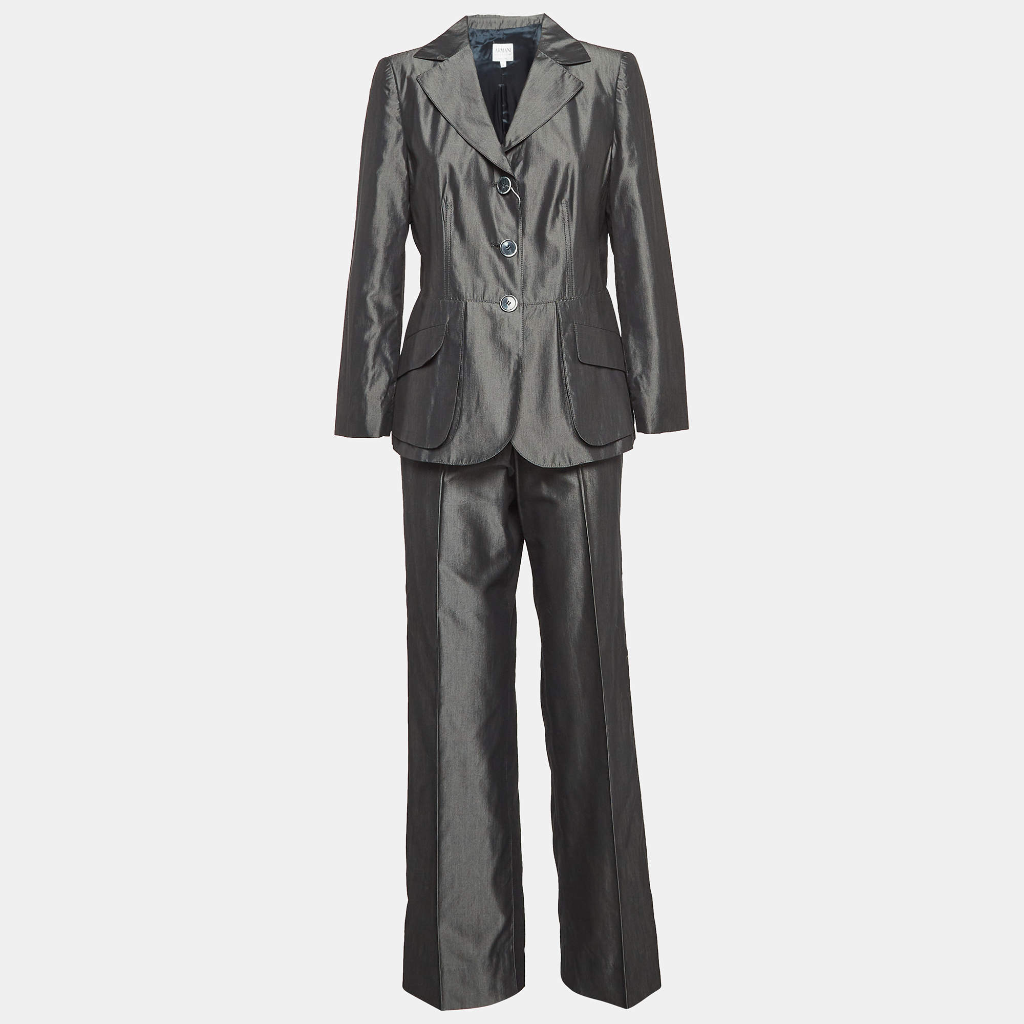 Pre Owned Armani Collezioni Grey Cotton Blend Pant Suit M