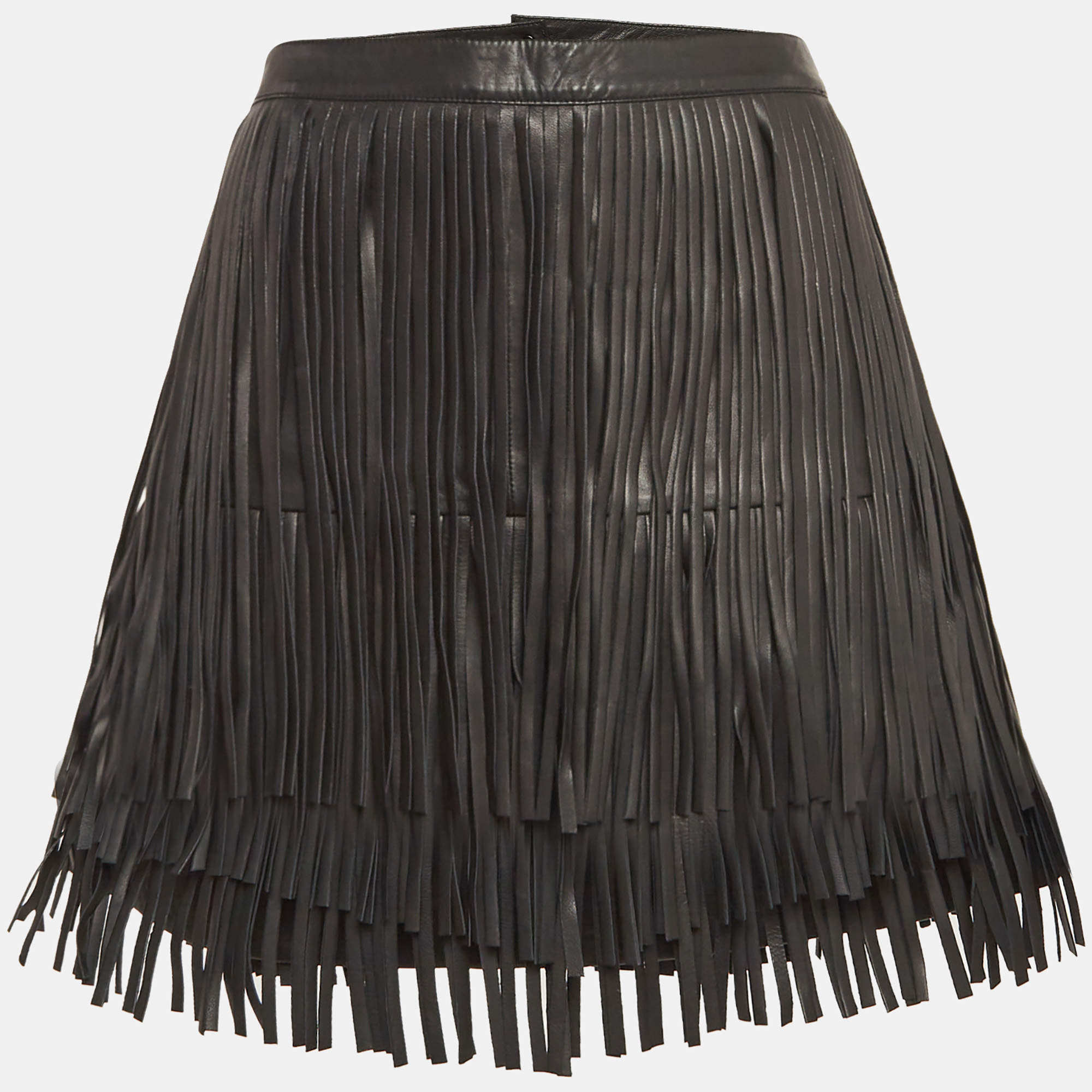Pre Owned Zadig & Voltaire Black Leather Fringed Mini Skirt S