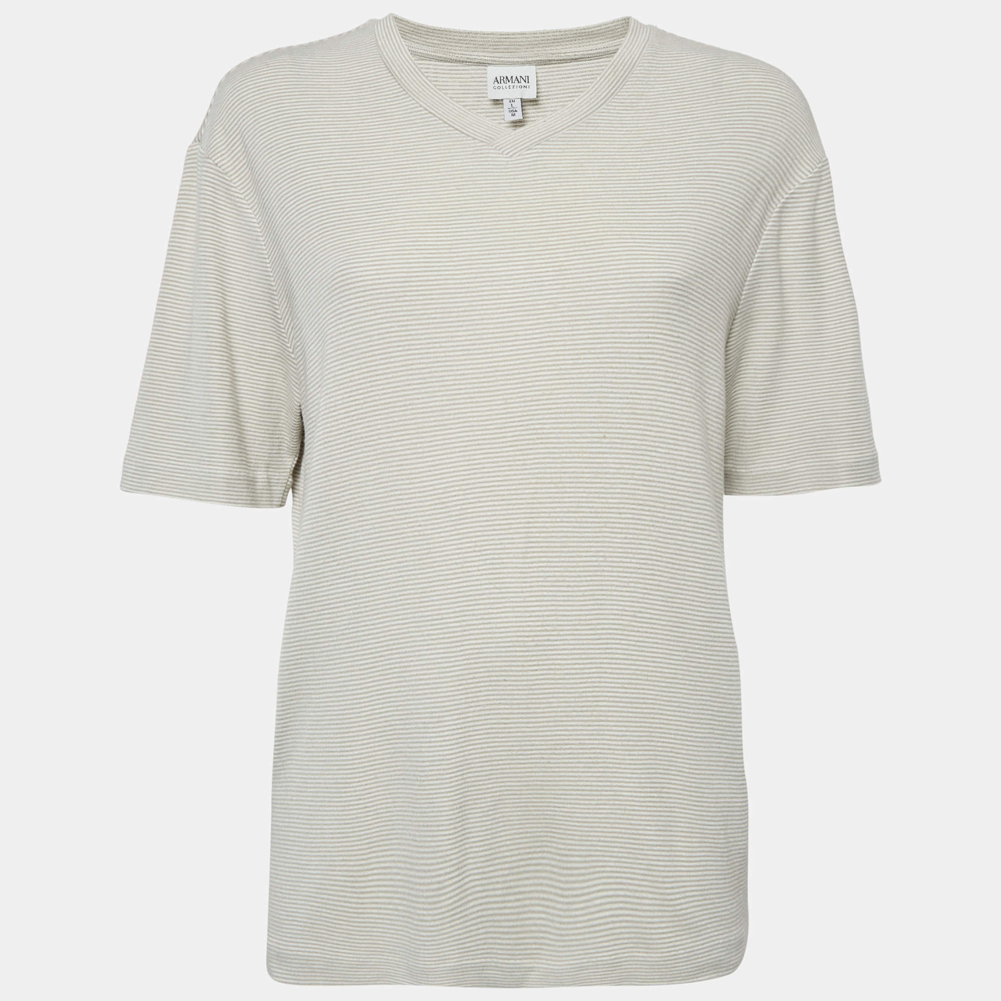 Armani Collezioni Stripe Grey Knit V-Neck Top L