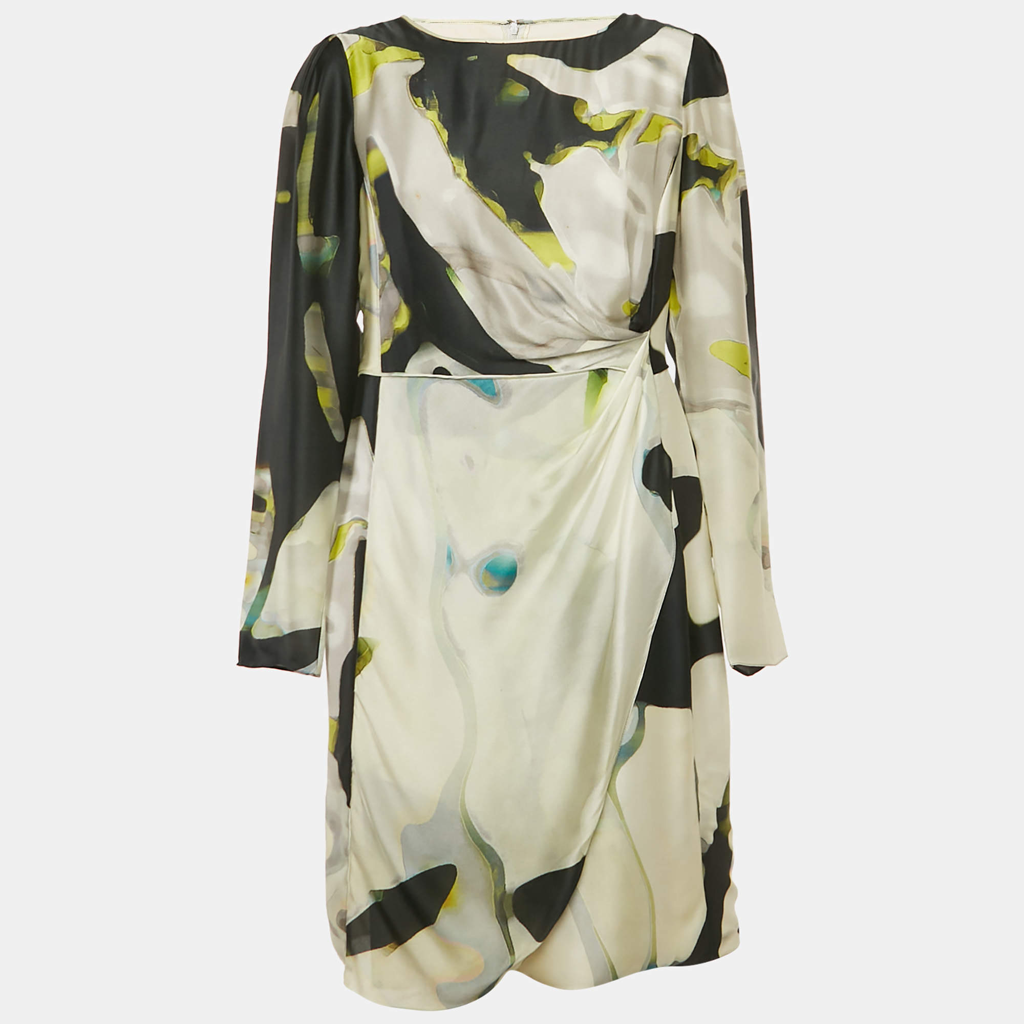 Pre Owned Armani Collezioni Multicolor Printed Satin Draped Mini Dress L