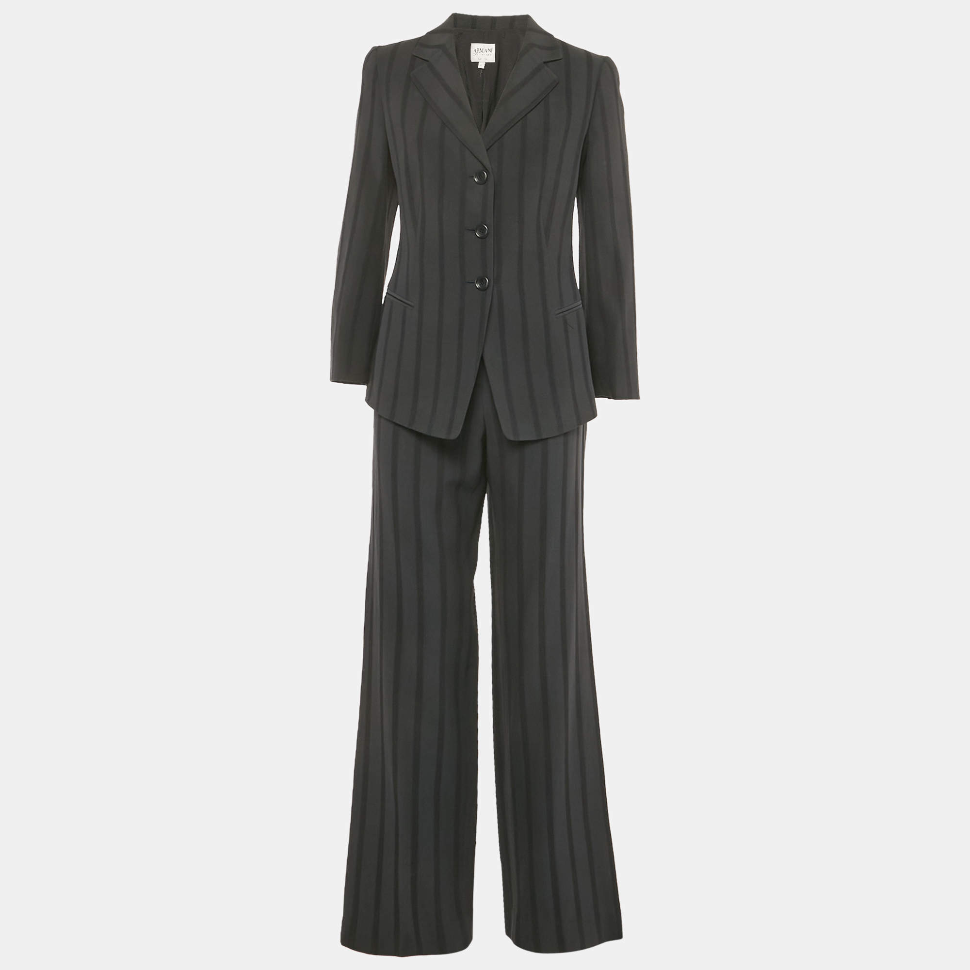 Pre Owned Armani Collezioni Black Patterned Wool Blend Flared Pant Suit  M/L