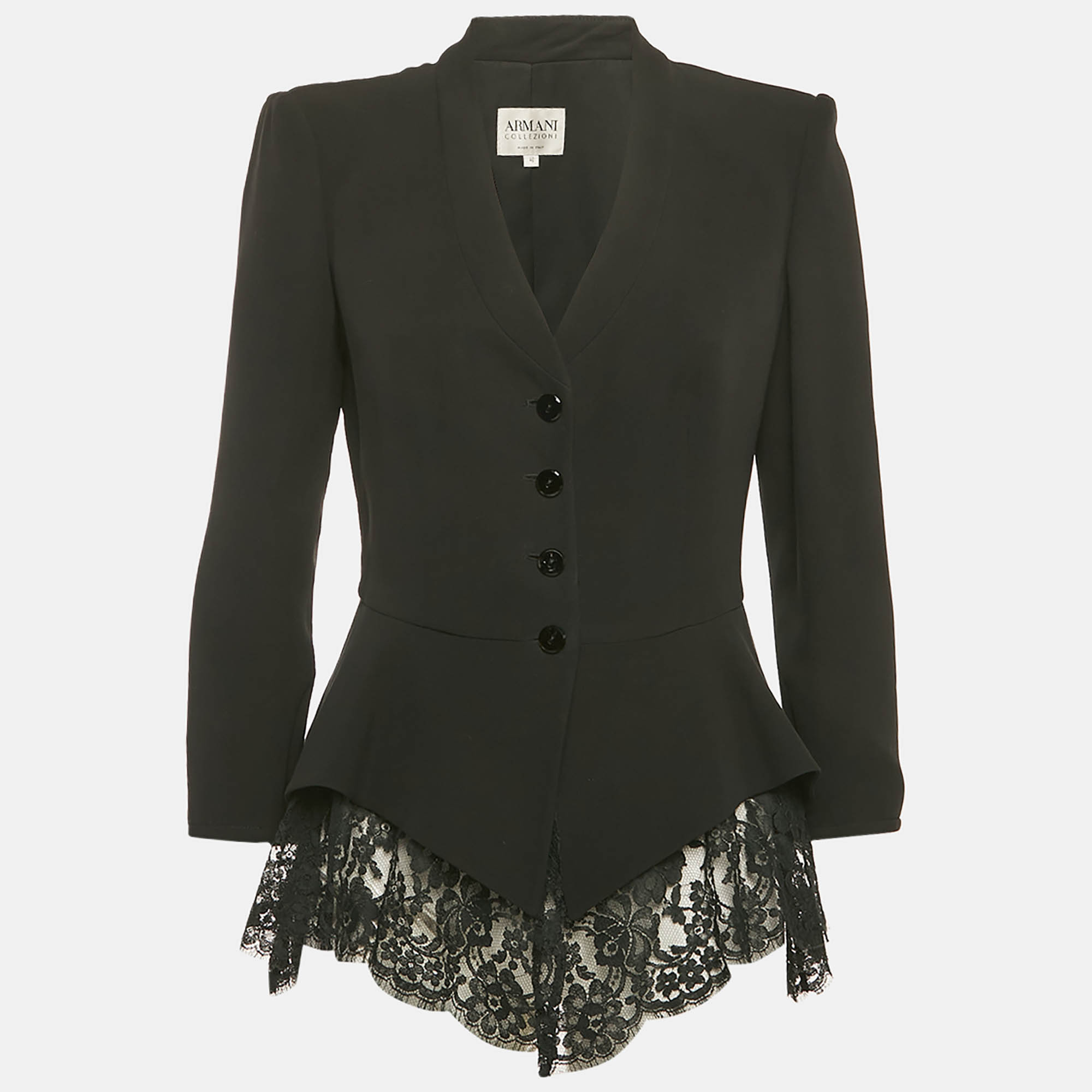 Pre Owned Armani Collezioni Black Silk Lace Trimmed Button Front Blazer S