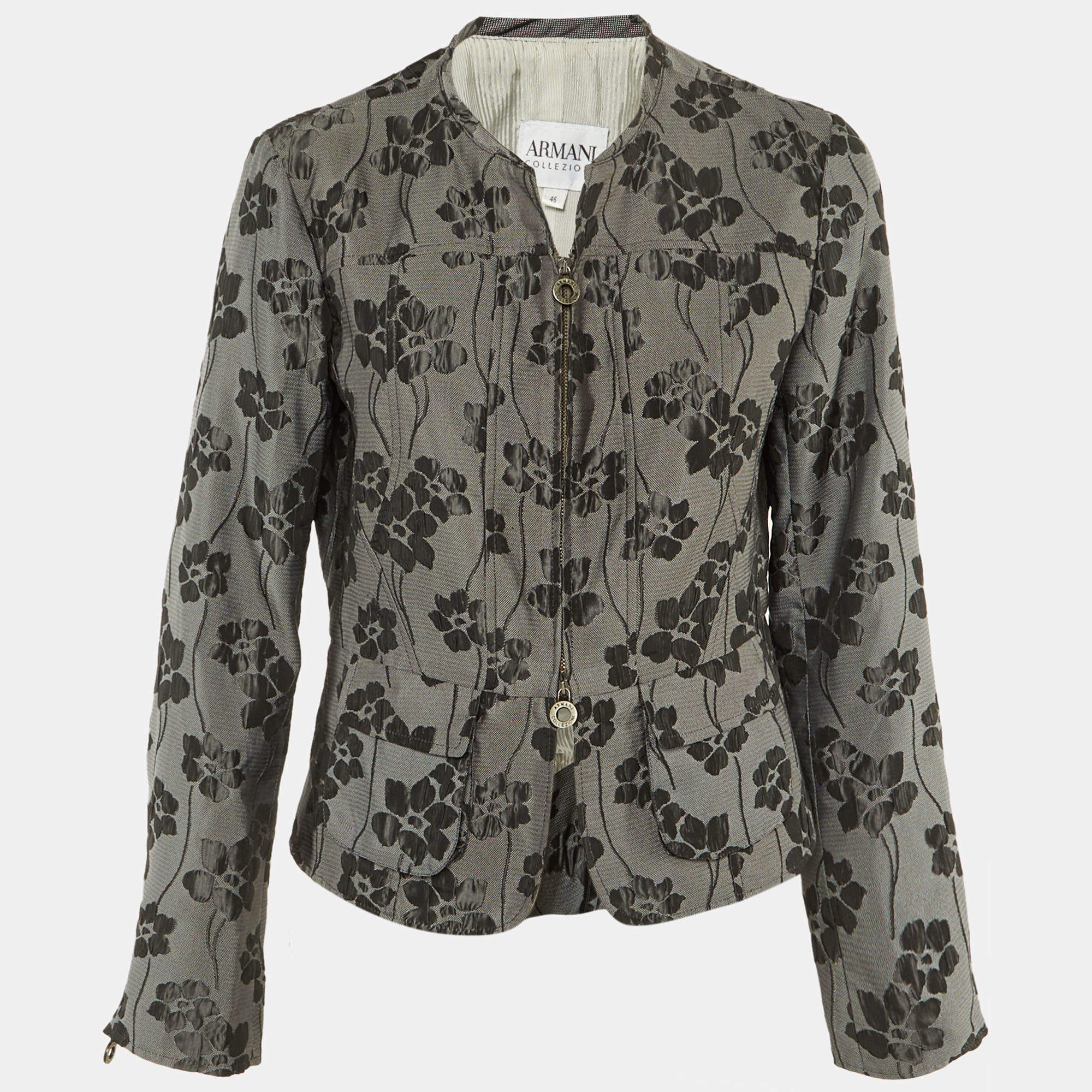 Pre Owned Armani Collezioni Grey Floral Jacquard Jacket L
