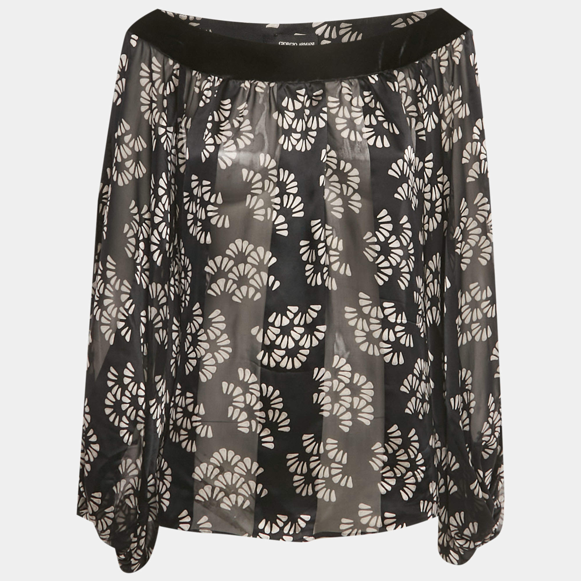 مملوكة مسبقًا Giorgio Armani Black Printed Silk & Velvet Trim Top L