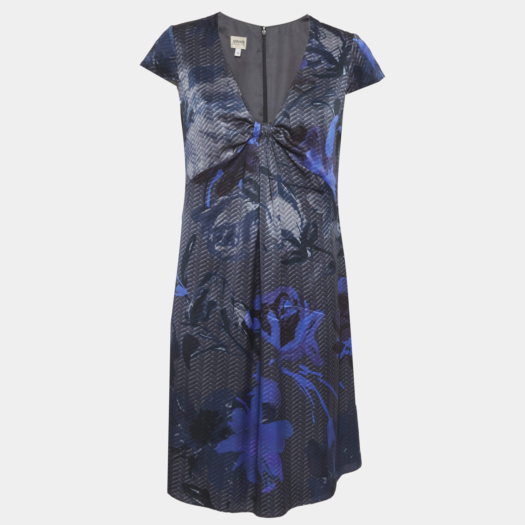 مملوكة مسبقًا فستان أرماني كوليزوني أزرق مطبوع ساتان قصير مقاس متوسط (ميديوم)