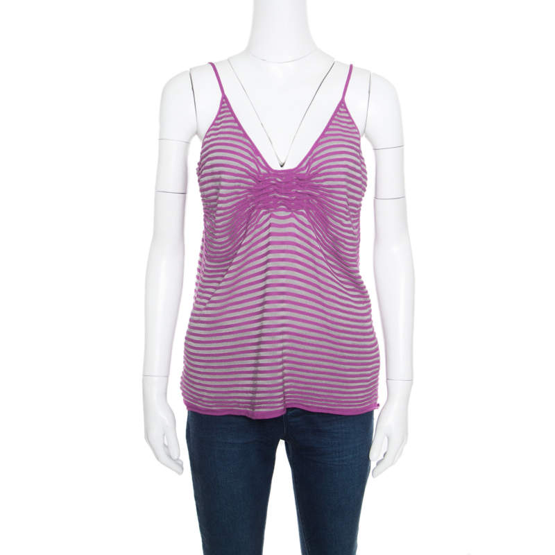 Pre Owned Armani Collezioni Purple Striped Knit Noodle Strap Top L