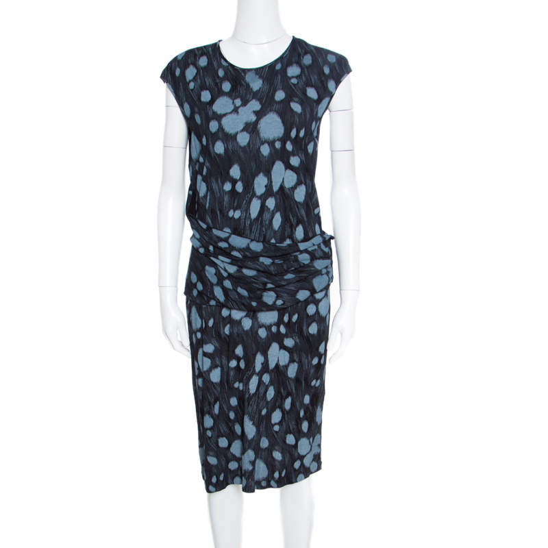 Pre Owned Armani Collezioni Black Printed Jersey Draped Waist Detail Sleeveless Dress XL