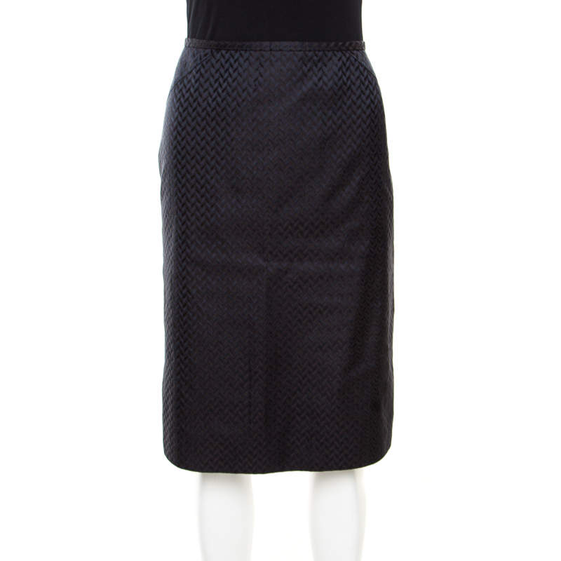 Pre Owned Armani Collezioni Navy Blue Silk Jacquard Pencil Skirt M