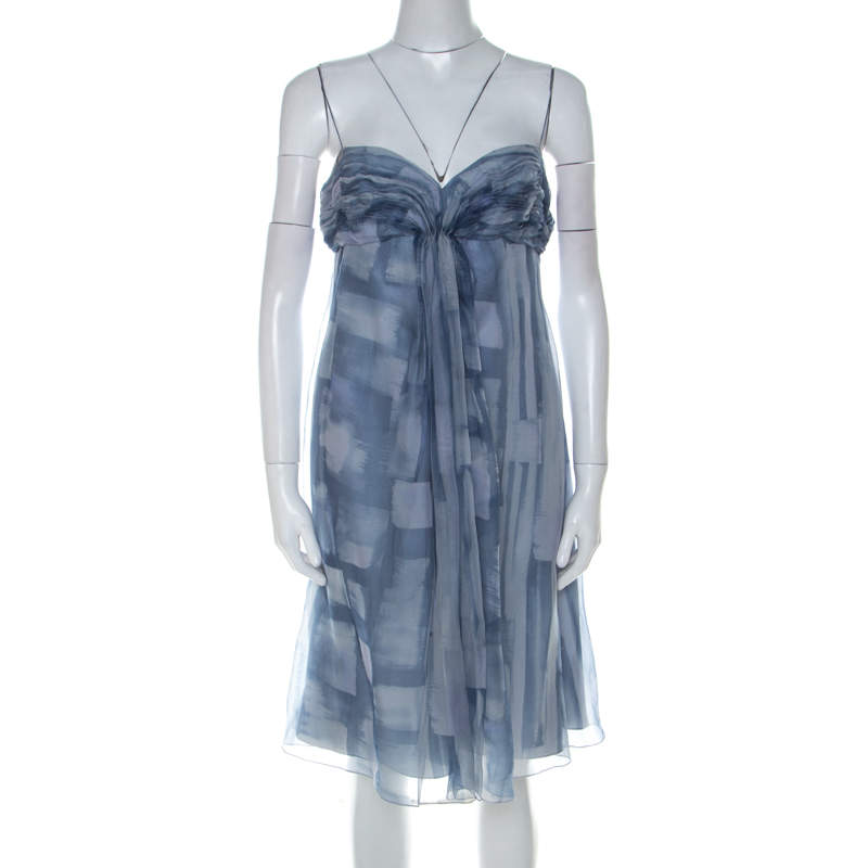 Pre Owned فستان أرماني بيبيدول بوست مكشكش أورجانزا حرير مطبوع أزرق M