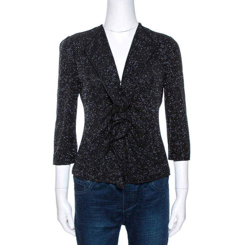 Pre Owned Armani Collezioni Black Lurex Stretch Knit Ruffled Cardigan M