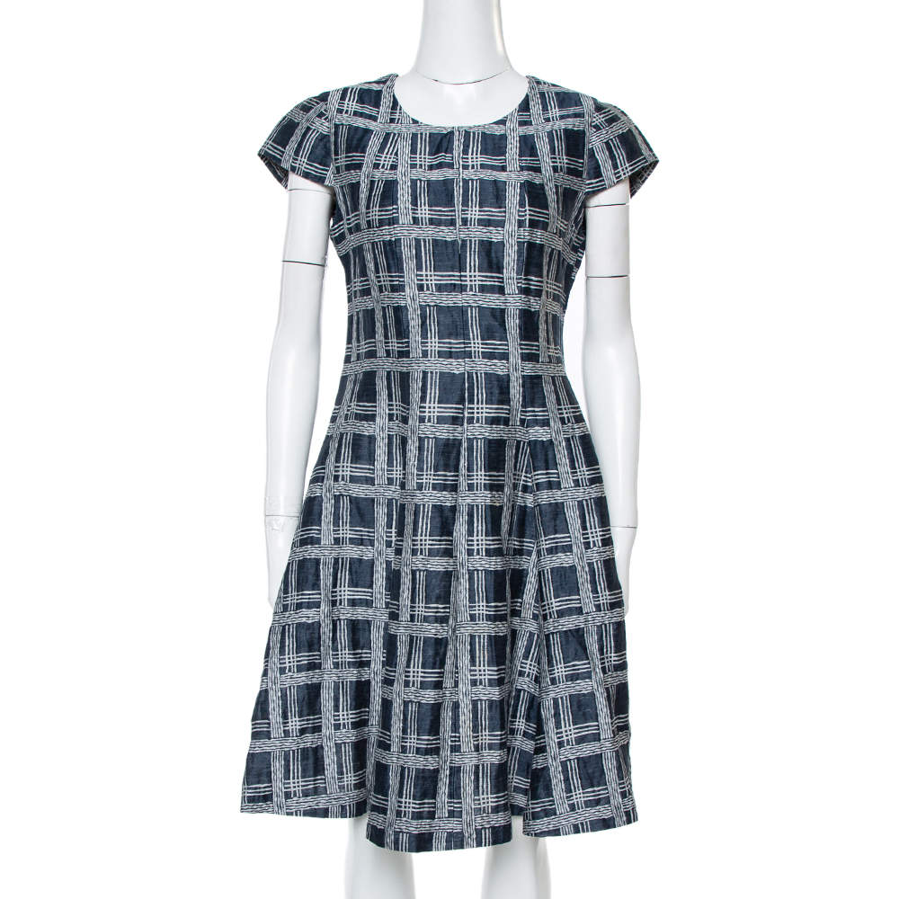 Pre Owned فستان أرماني كوليزوني واسع قطن و كتان مربعات أزرق كحلي مقاس وسط (ميديوم)