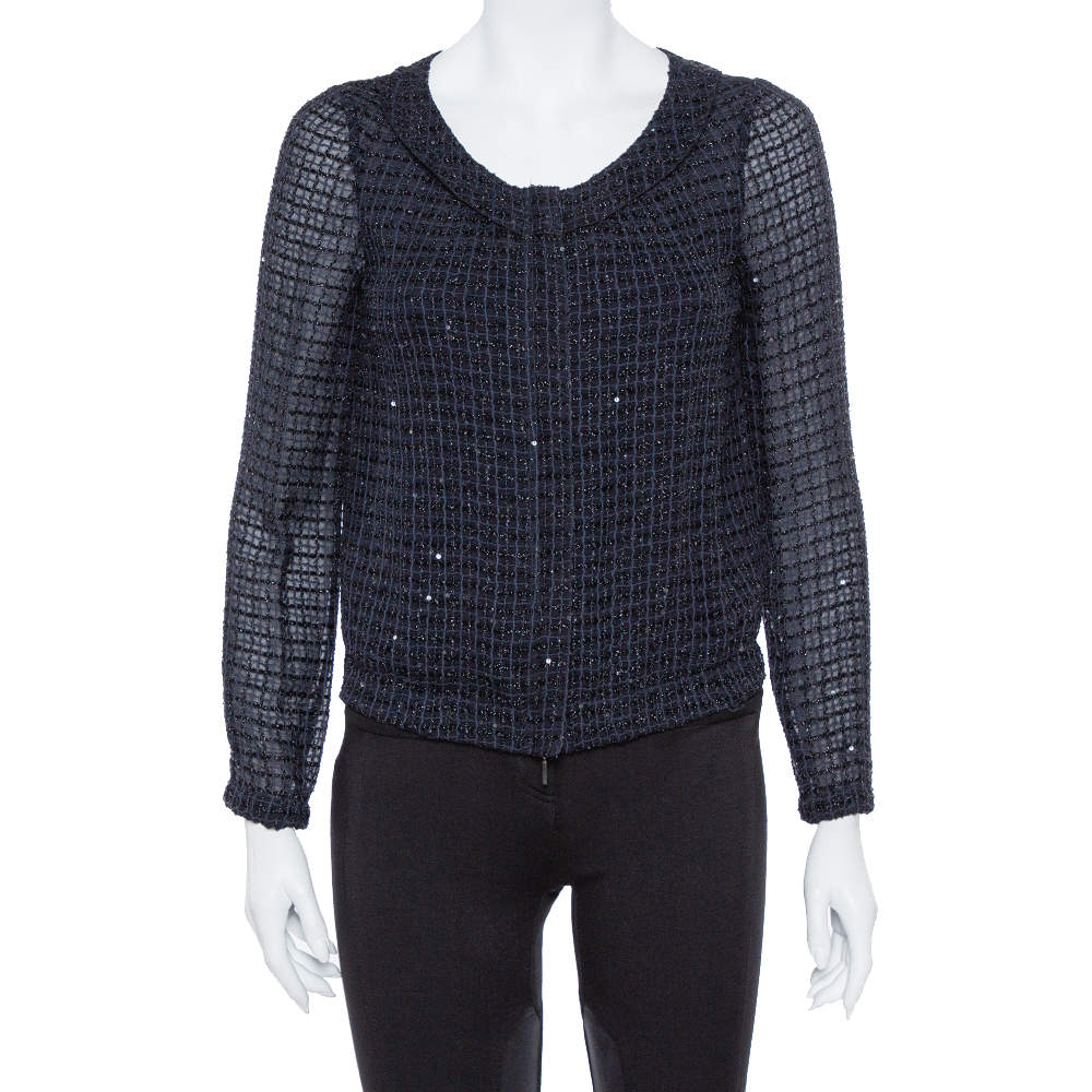Pre Owned Armani Collezioni Navy Blue Embellished Crumpled Chiffon Lightweight Jacket S