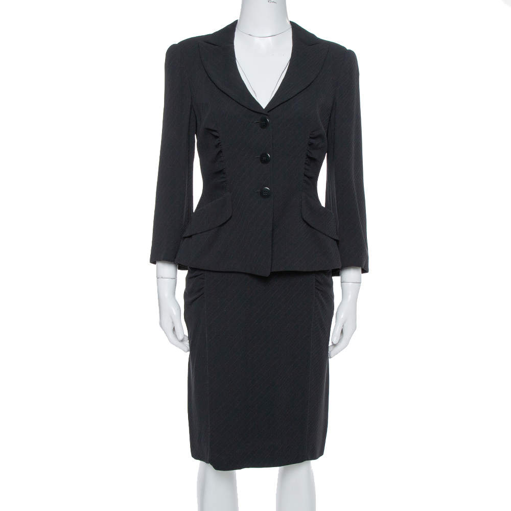 مملوكة مسبقًا Armani Collezioni Black Crepe Ruched Detail Blazer & Fitted Skirt Set M