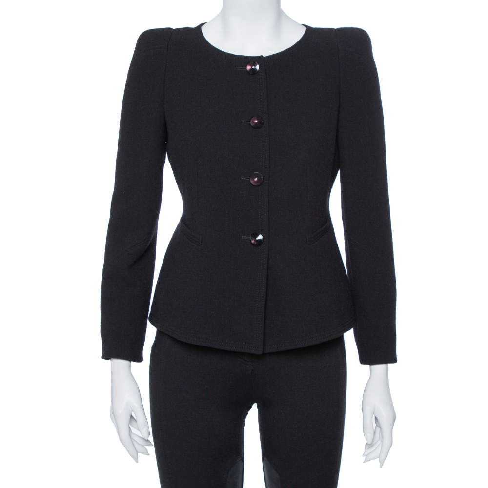 Pre Owned جاكيت أرماني كوليزوني صندوقي الشكل مزين أكتاف مبطنة كريب صوف أسود مقاس صغير (سمول)