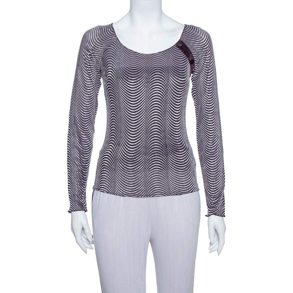 Armani Collezioni Purple Wave Pattern Knit button Detail Top S