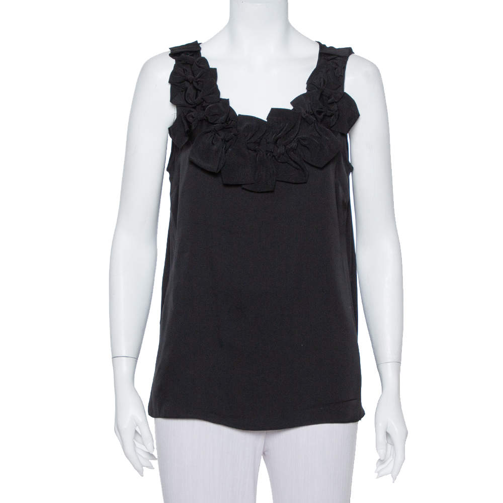 Pre Owned Armani Collezioni Black Silk Bow Trim Detail Sleeveless Top L
