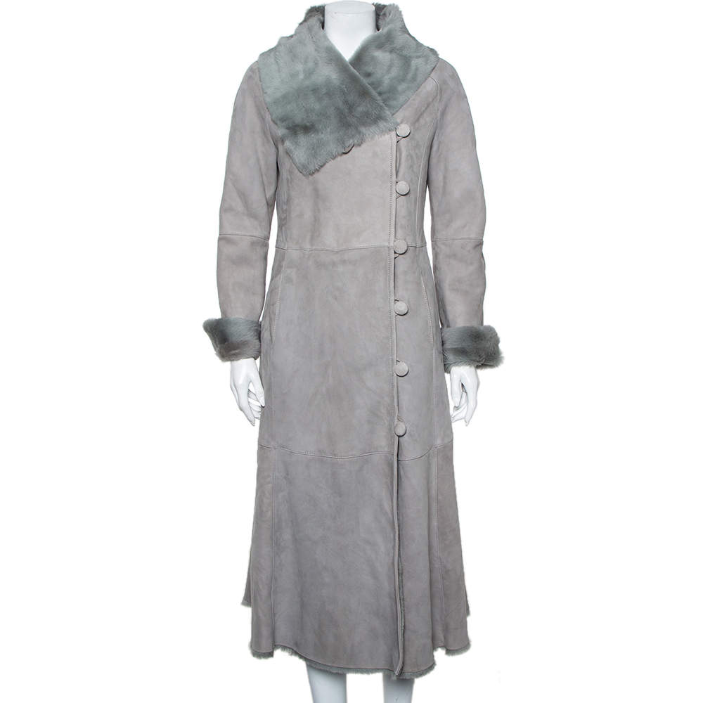 مملوكة مسبقًا Armani Collezioni Grey Suede Paneled Fur lined Long Coat M