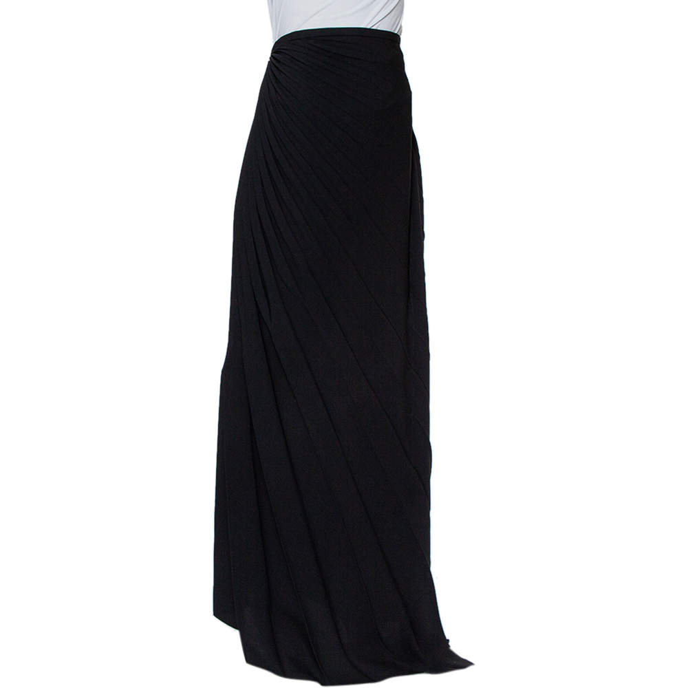 Armani Collezioni Black Crepe Ruffle Detail Pleated Maxi Skirt L