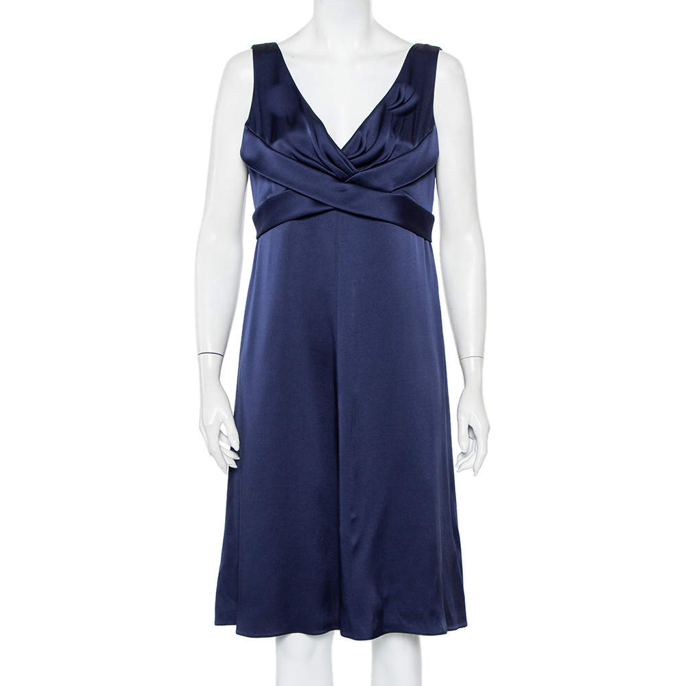 Pre Owned Armani Collezioni Navy Blue Silk Satin draped Detail Midi Dress L