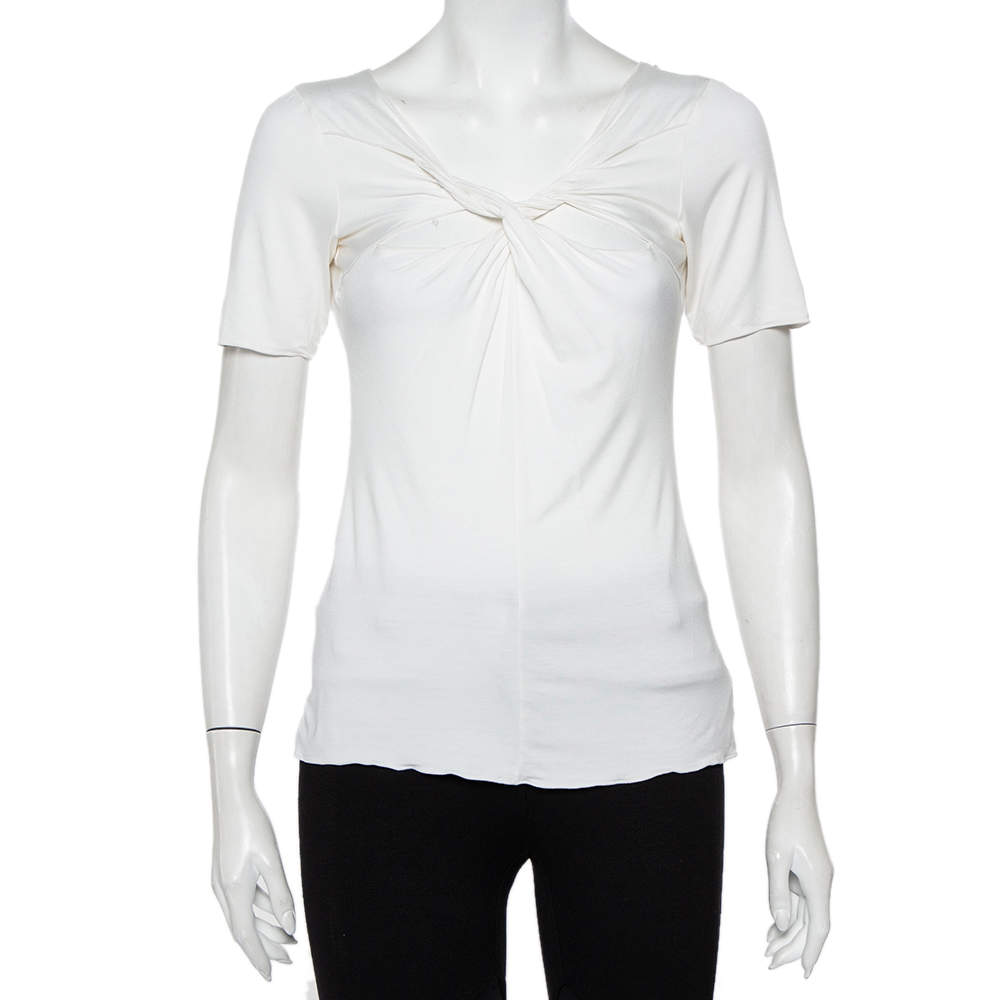 مملوكة مسبقًا Armani Collezioni White Knit Draped Neck Detail Top M